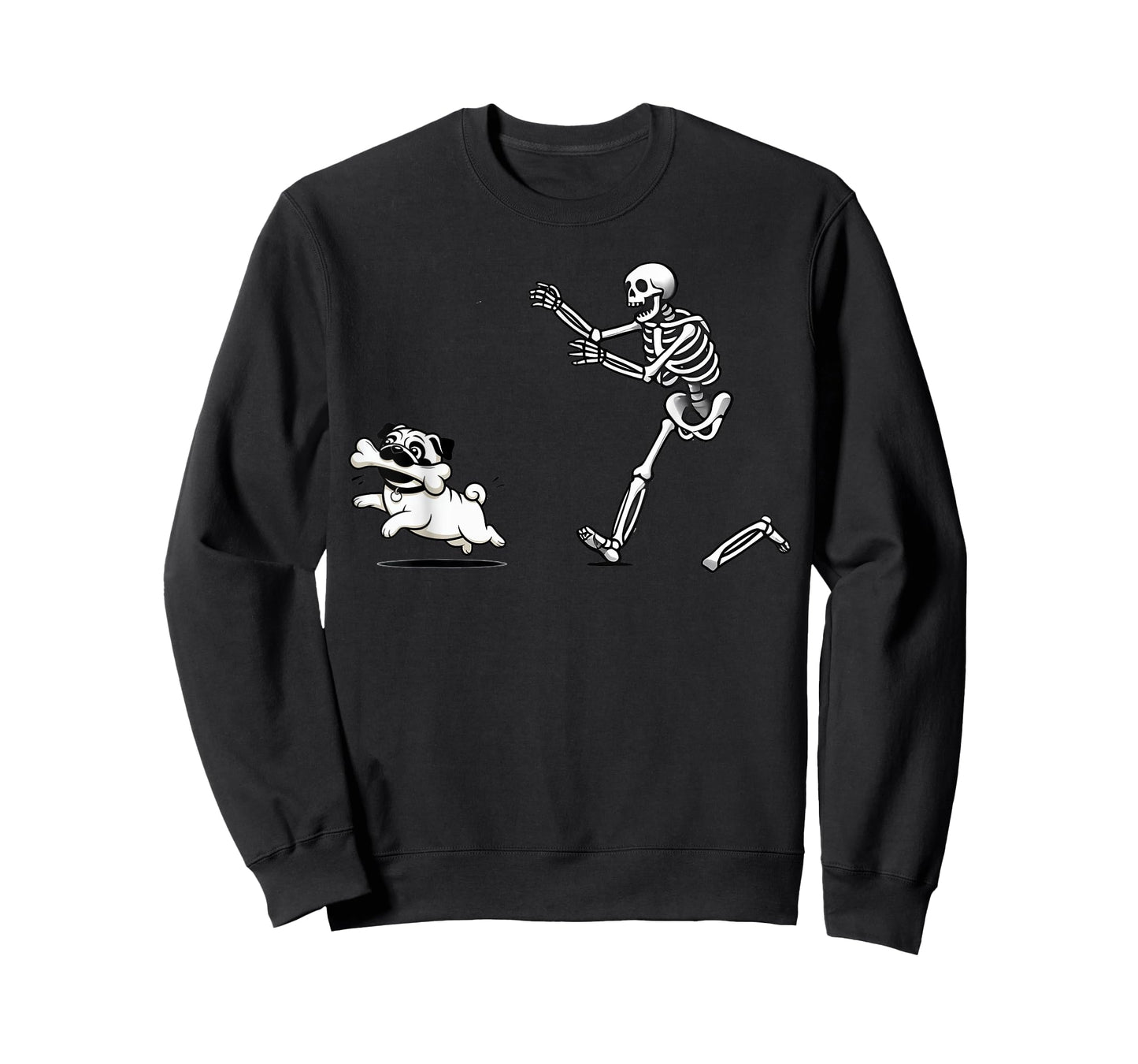 Funny Pug Dog Steals Bone from Skeleton Design T-Shirt