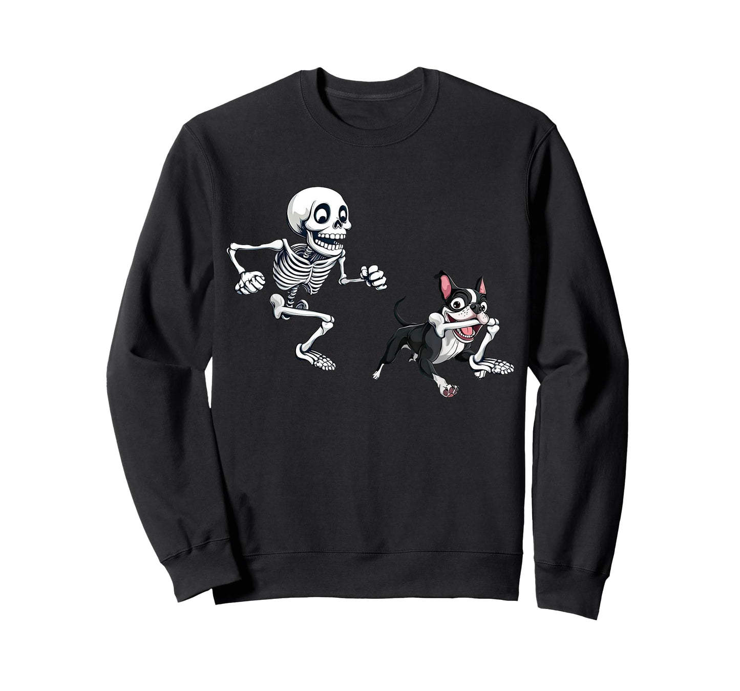 Skeleton Chasing Dog Boston Terrier Halloween Pet Lover T-Shirt