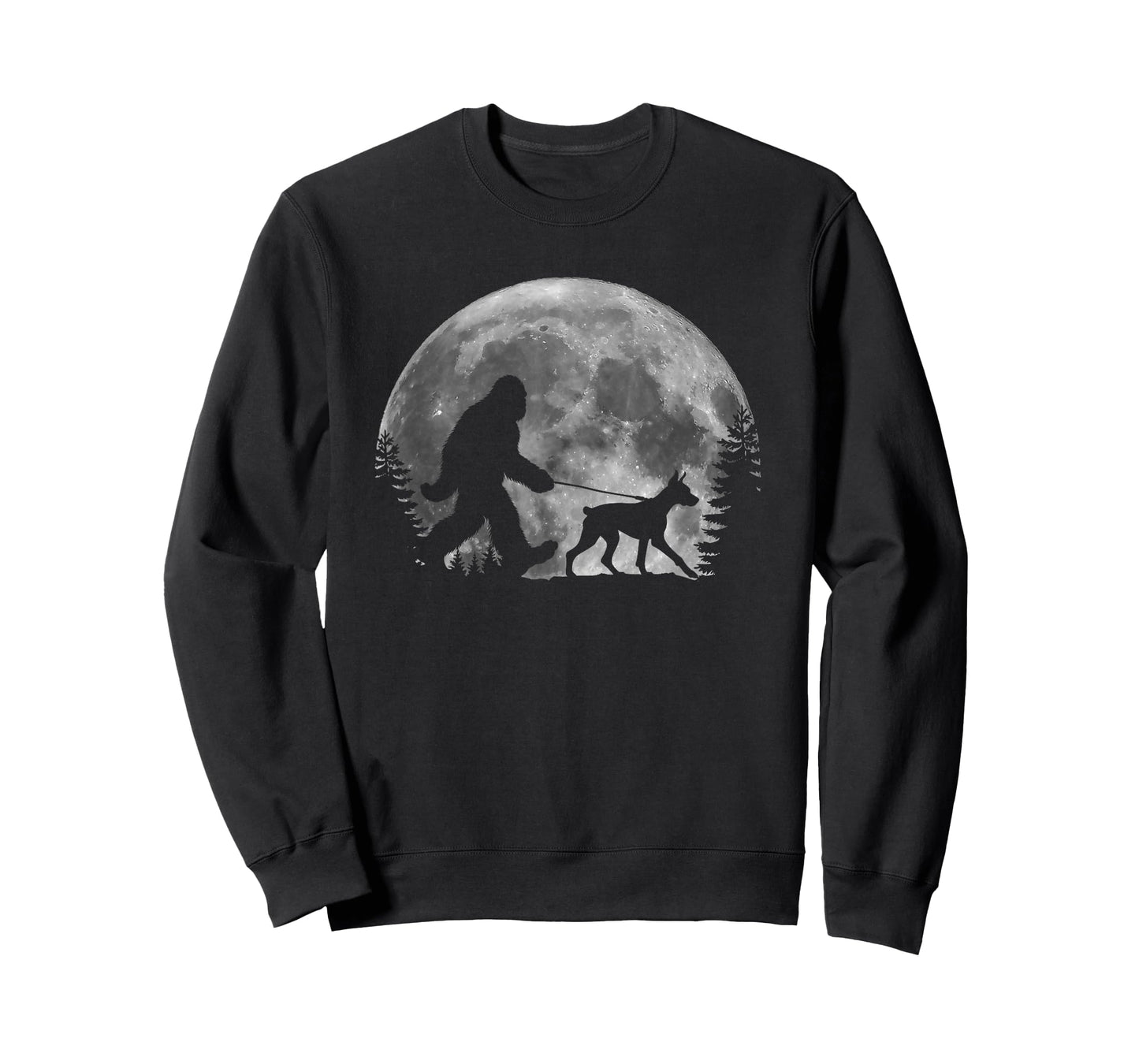 Bigfoot Walking a Dog Funny Doberman Pinscher Moon Halloween T-Shirt