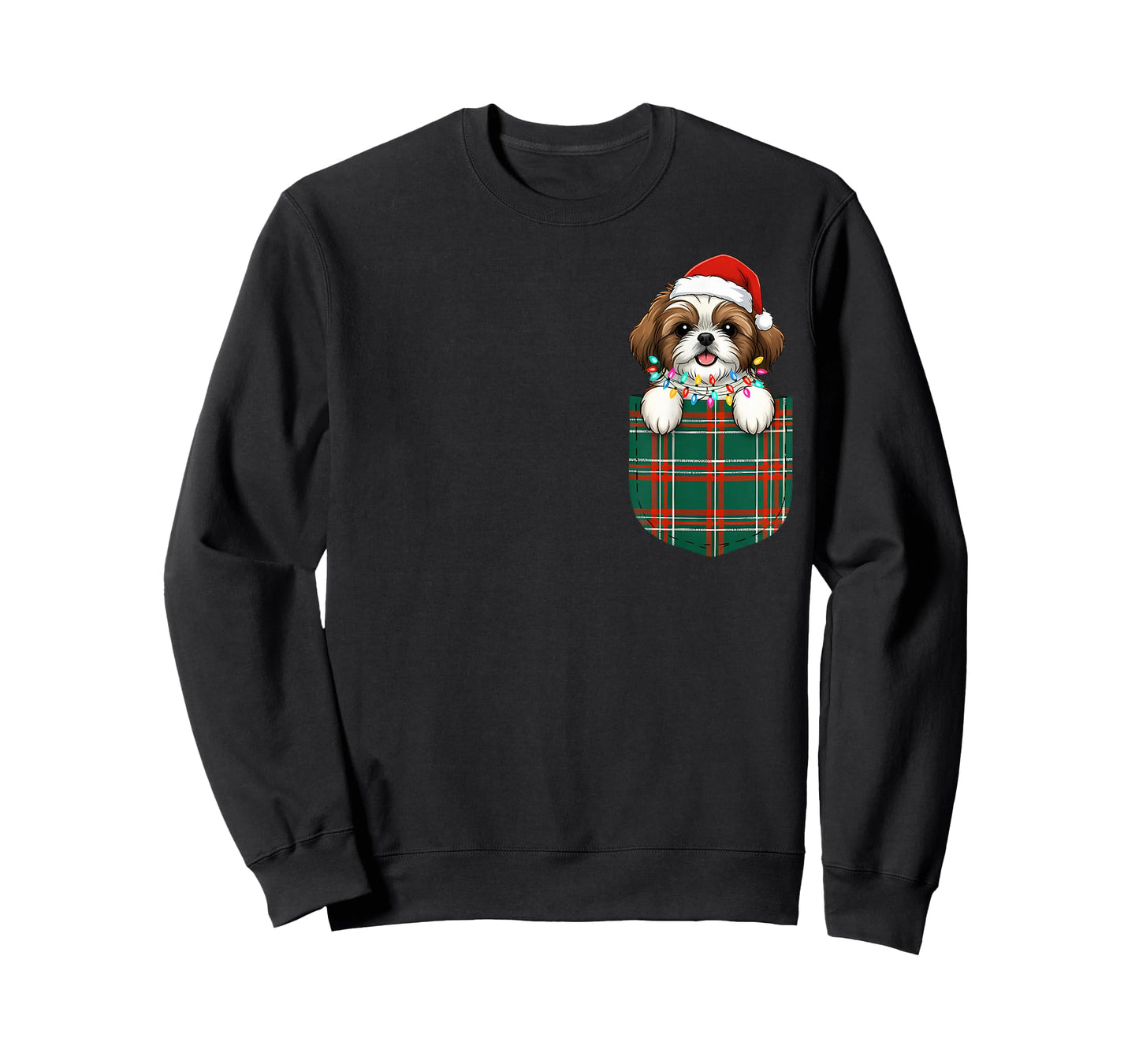 Shih Tzu Buffalo Plaid Green Red White Pocket Christmas T-Shirt