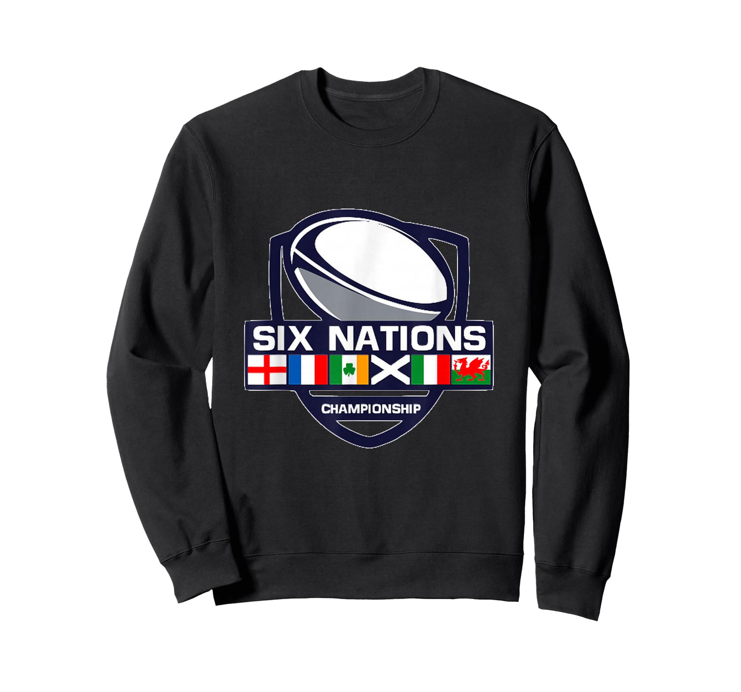 Rugby 6 Nations Apparel Six Nations T-Shirt, Men-Adults, Unisex, Short Sleeve, Black, Small, Cotton 65%, Polyester 35%