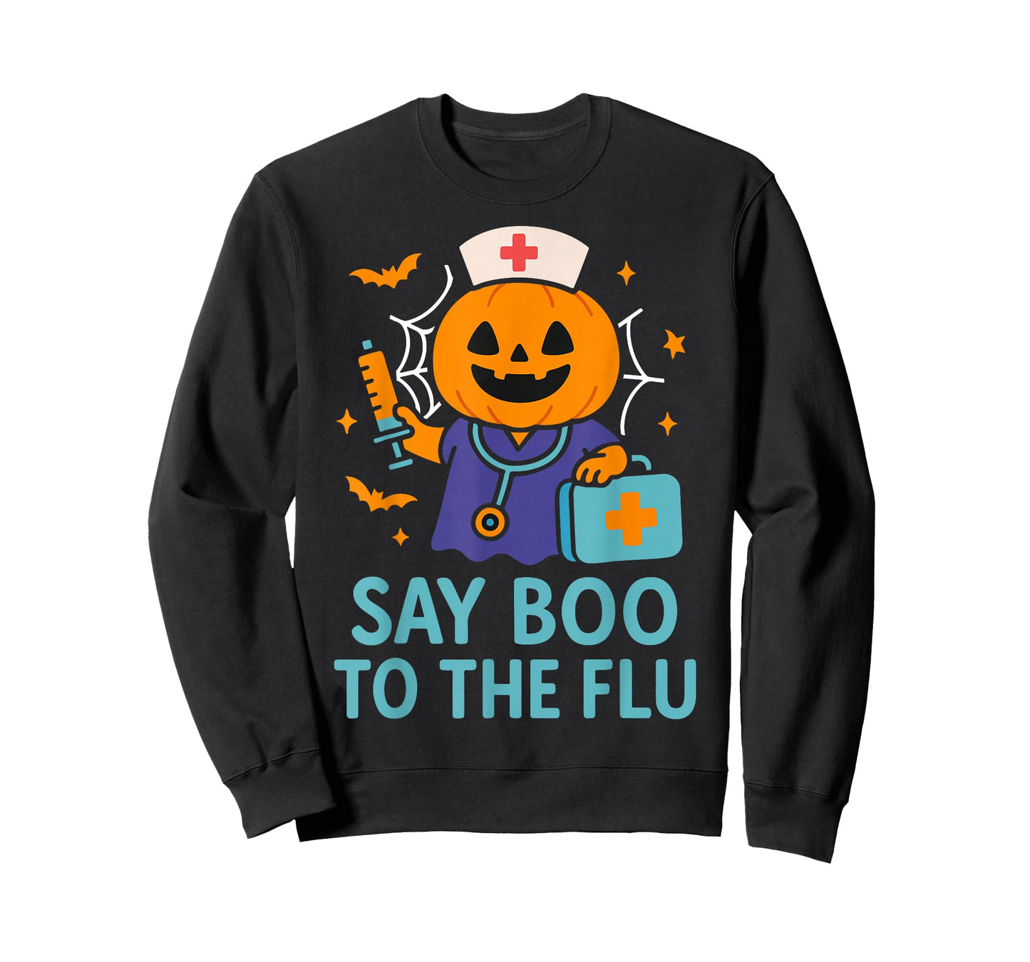 Say Boo to The Flu Nurse Halloween Vaccine Pumpkin Crew T-Shirt