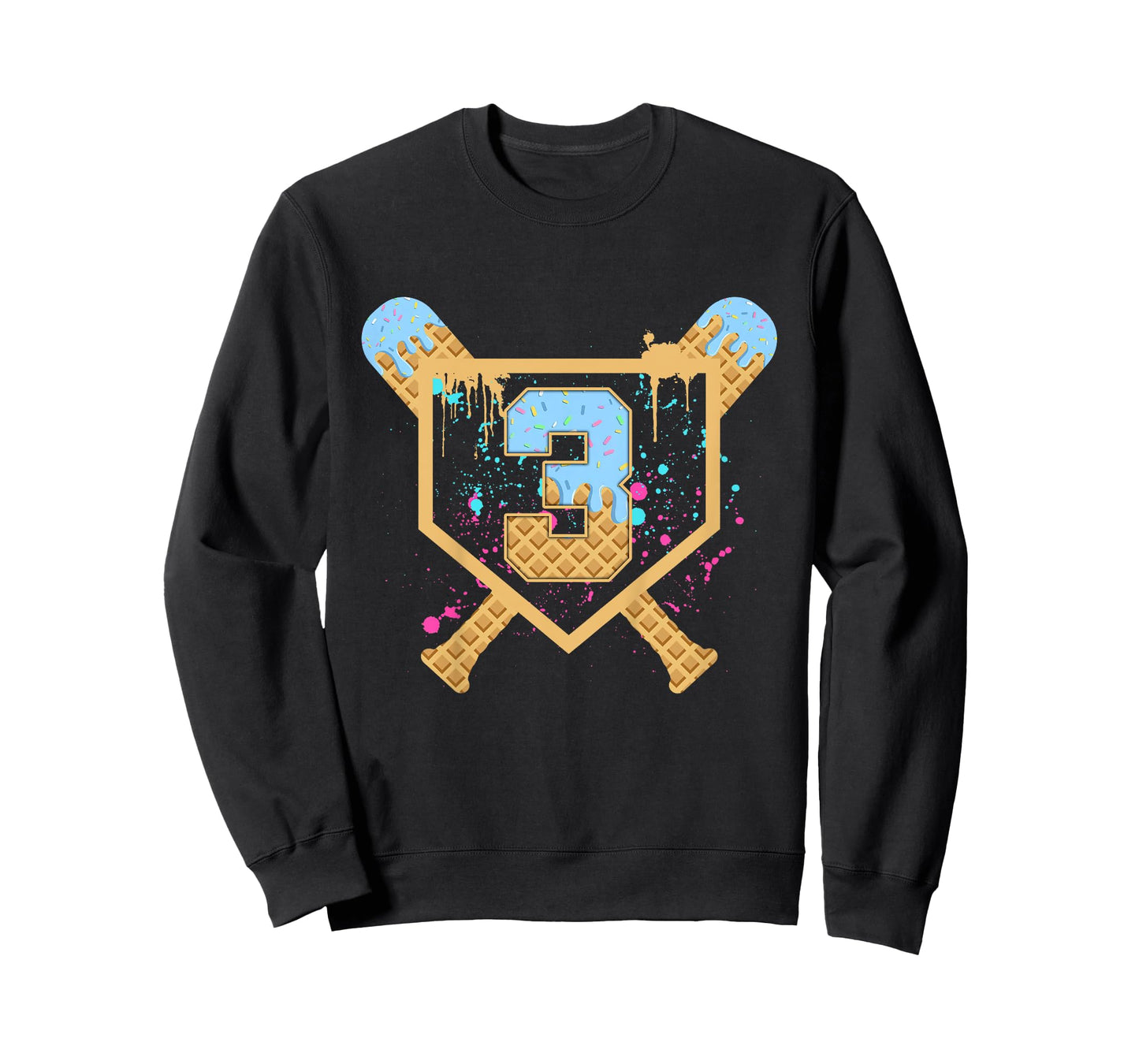 Kids Baseball 3 Year Old Ice Cream Drip 3rd Birthday Boy Number 3 T-Shirt