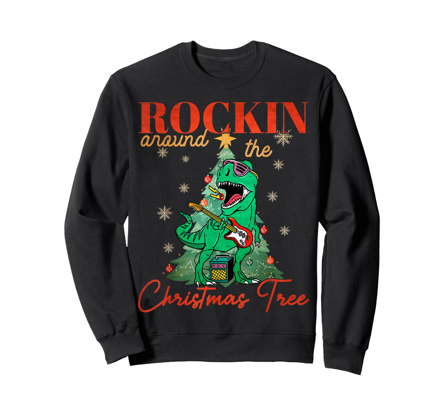 Rocking Around The Christmas Tree T-rex Rock and Roll Guitar T-Shirt