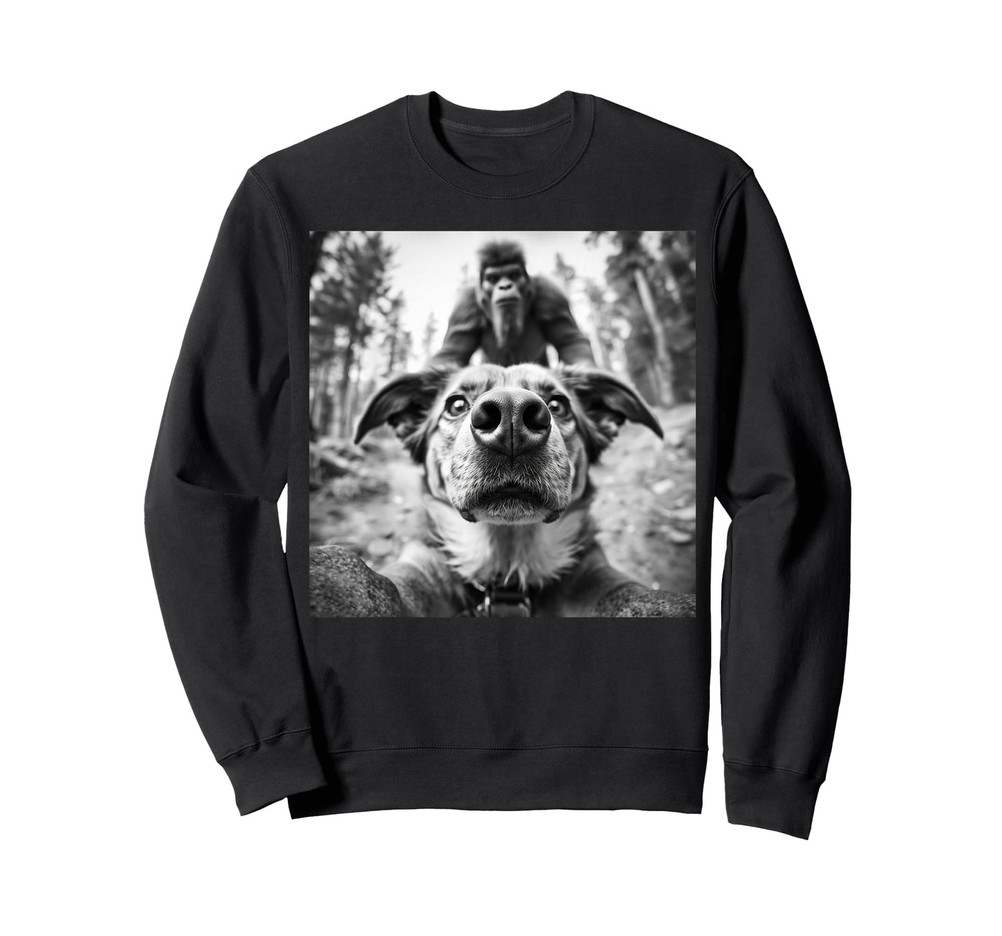 Funny Dog Selfie With Bigfoot, Dog-Sasquatch Novelty Graphic T-Shirt