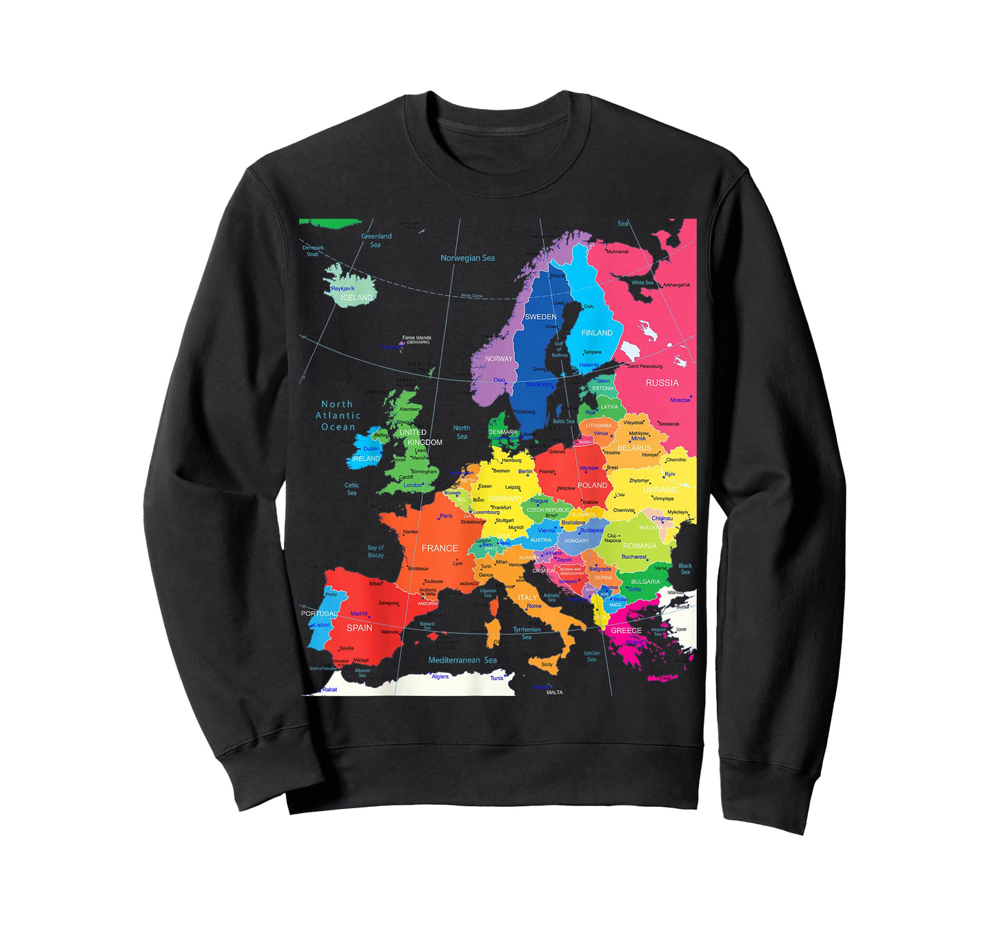 Map of Europe with Border, Countries, Capitals, Large Cities T-Shirt