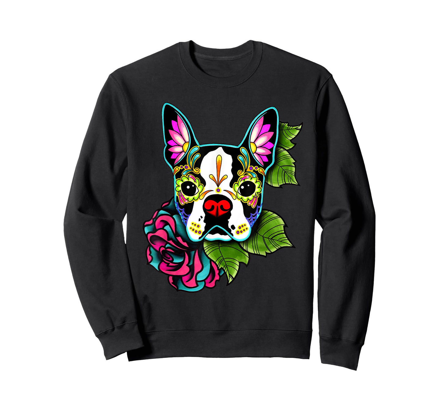 Boston Terrier in Black - Day of the Dead Sugar Skull Dog T-Shirt for Men Women Kids
