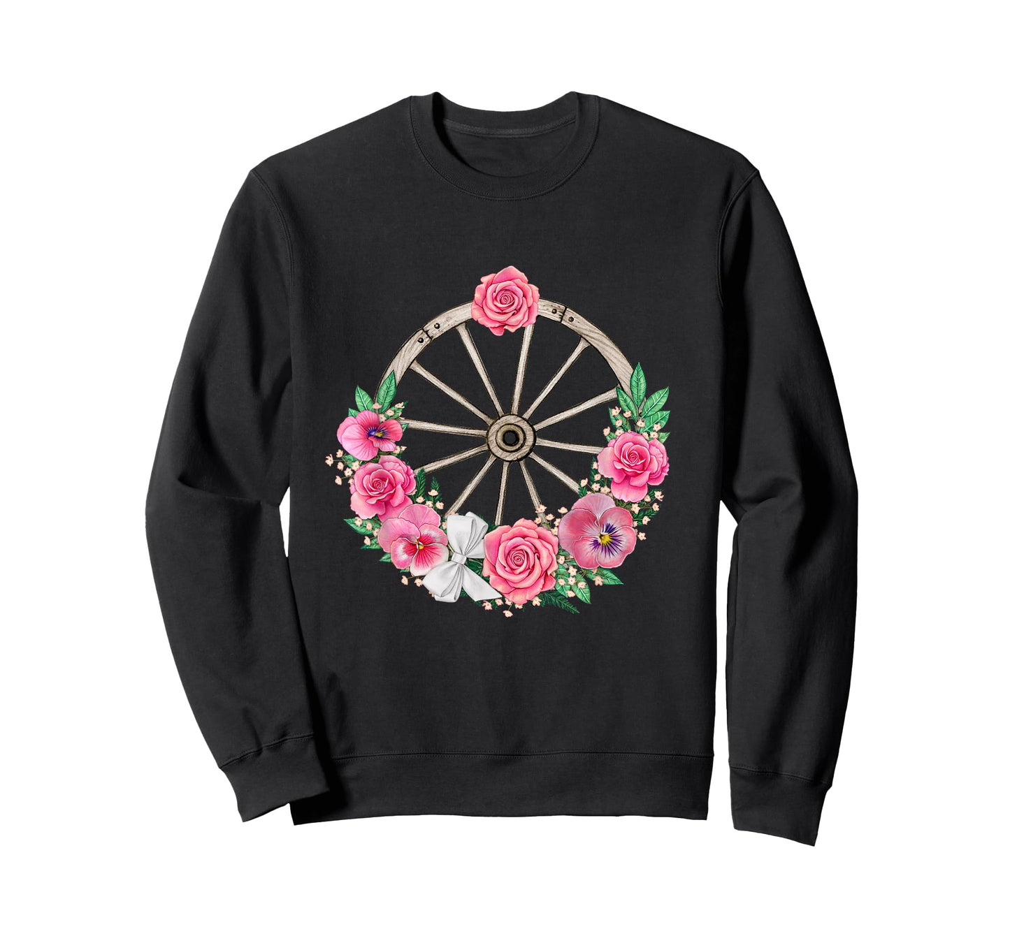 Country Wagon Wheel with Pink Roses and Panses T-Shirt