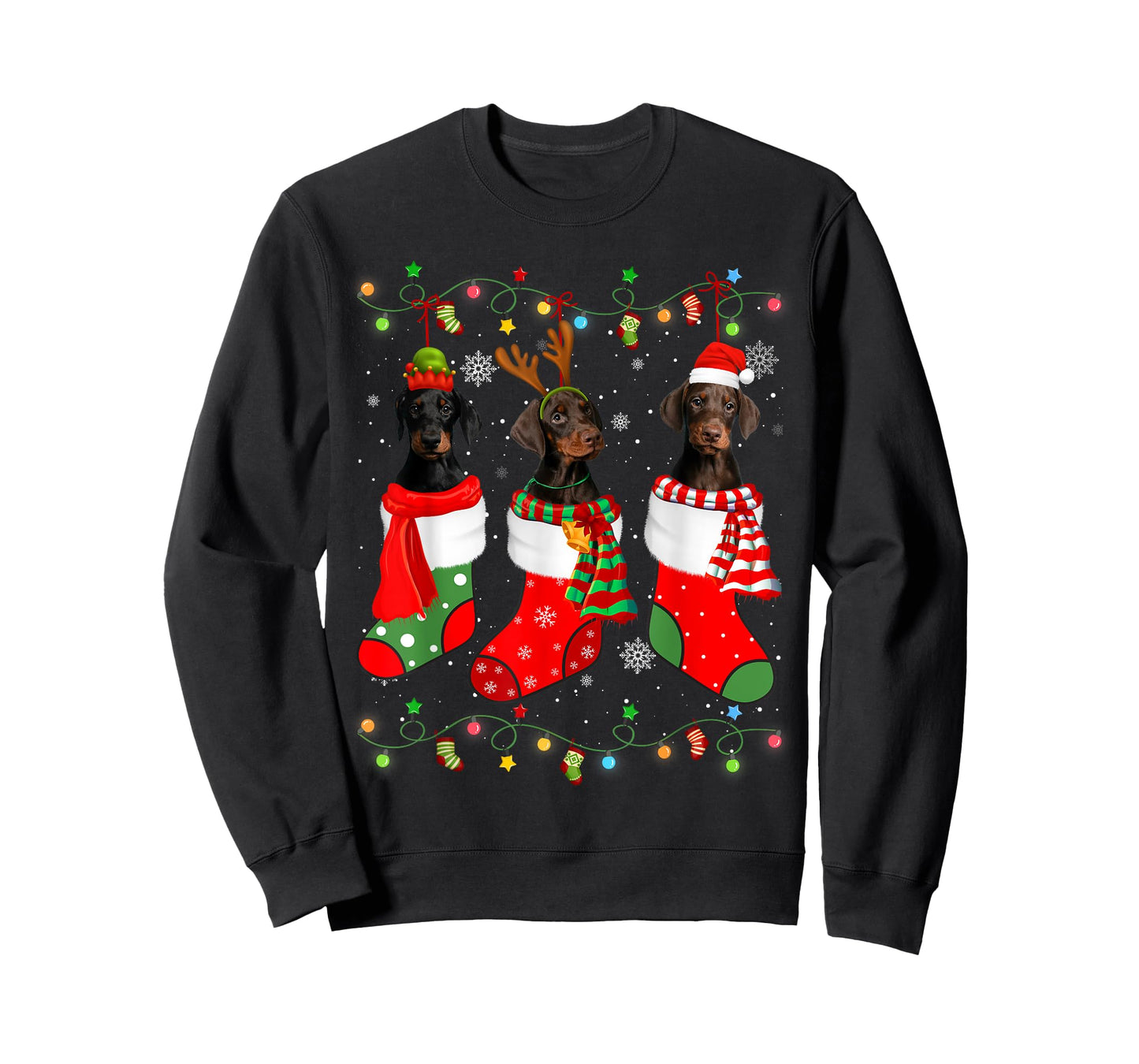 Doberman Dog Christmas Socks Santa Hat Xmas Lights T-Shirt