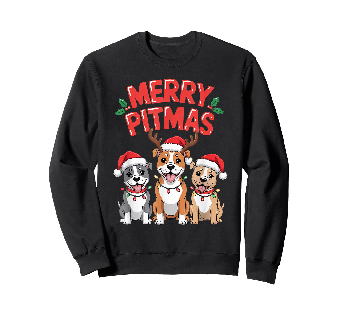 Merry Pitmas Funny Christmas Pitbull Dog Lights Santa Hat T-Shirt