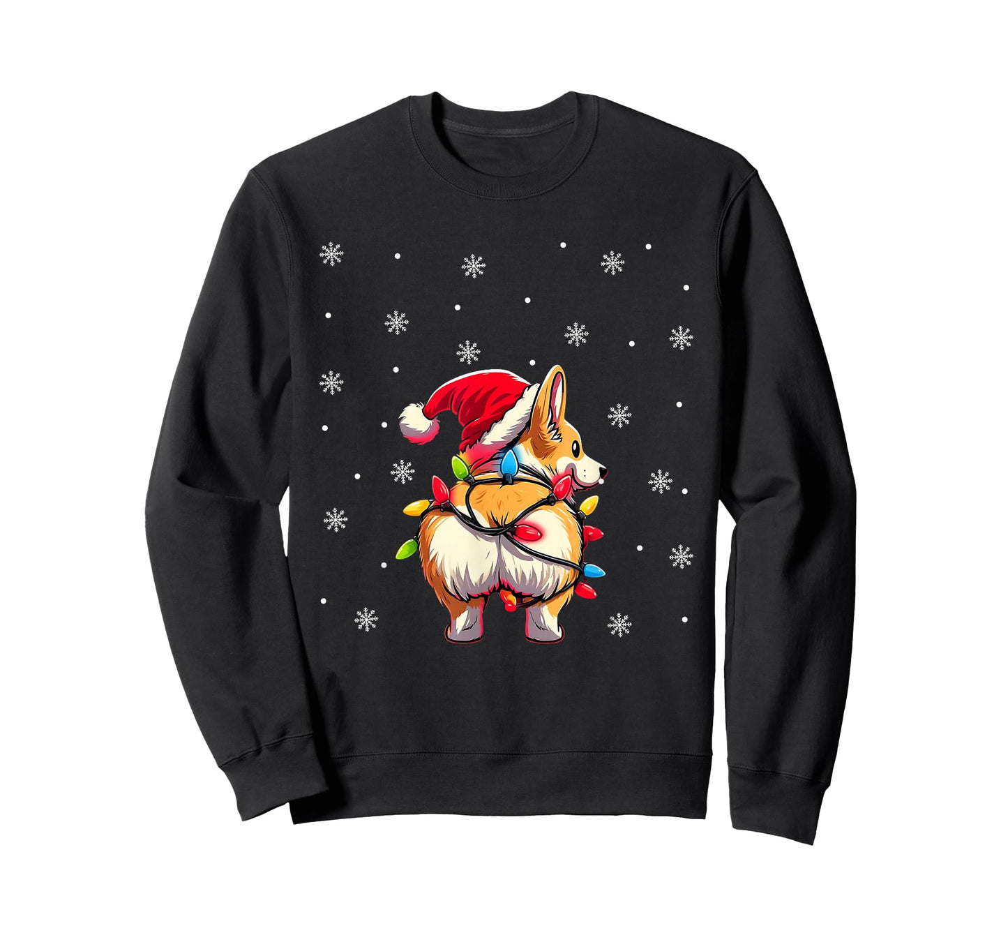 Corgi Butt Funny Santa Hat Christmas Snowflakes Lights T-Shirt