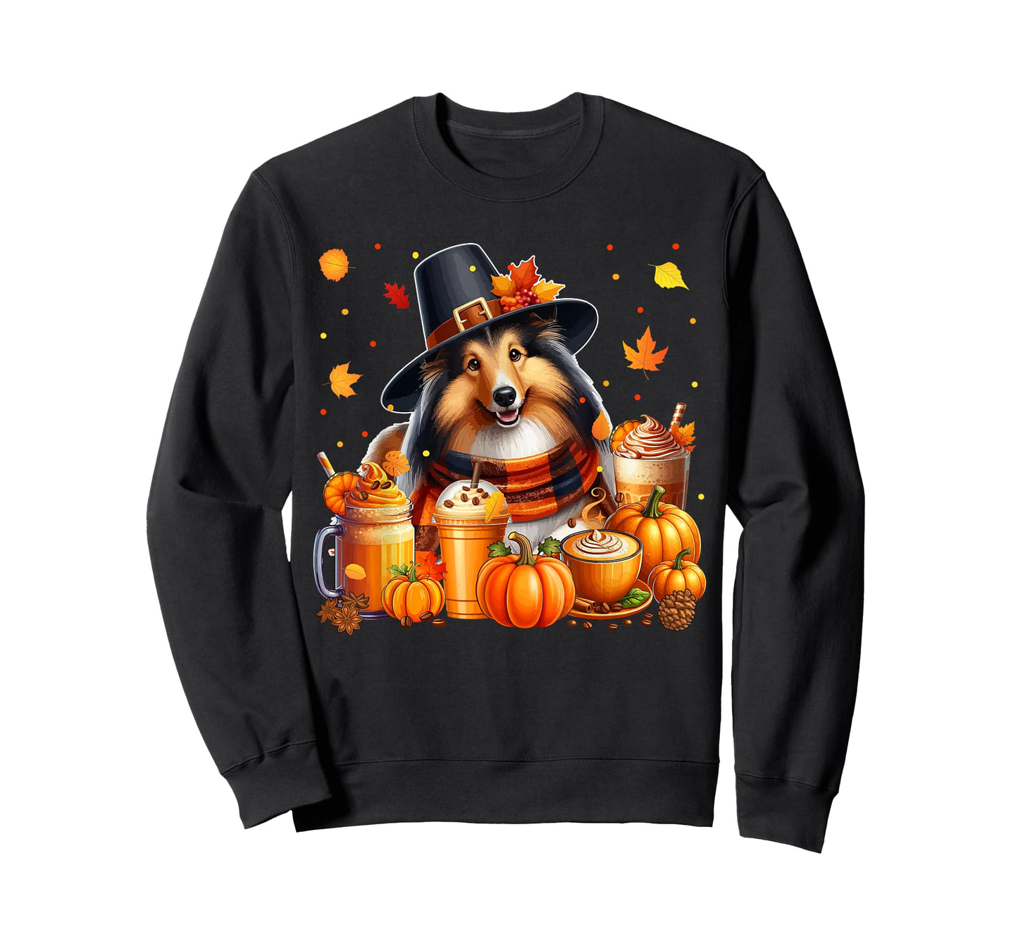 Sheltie Thanksgiving Drinks Coffee Fall Leaves Pumpkins T-Shirt