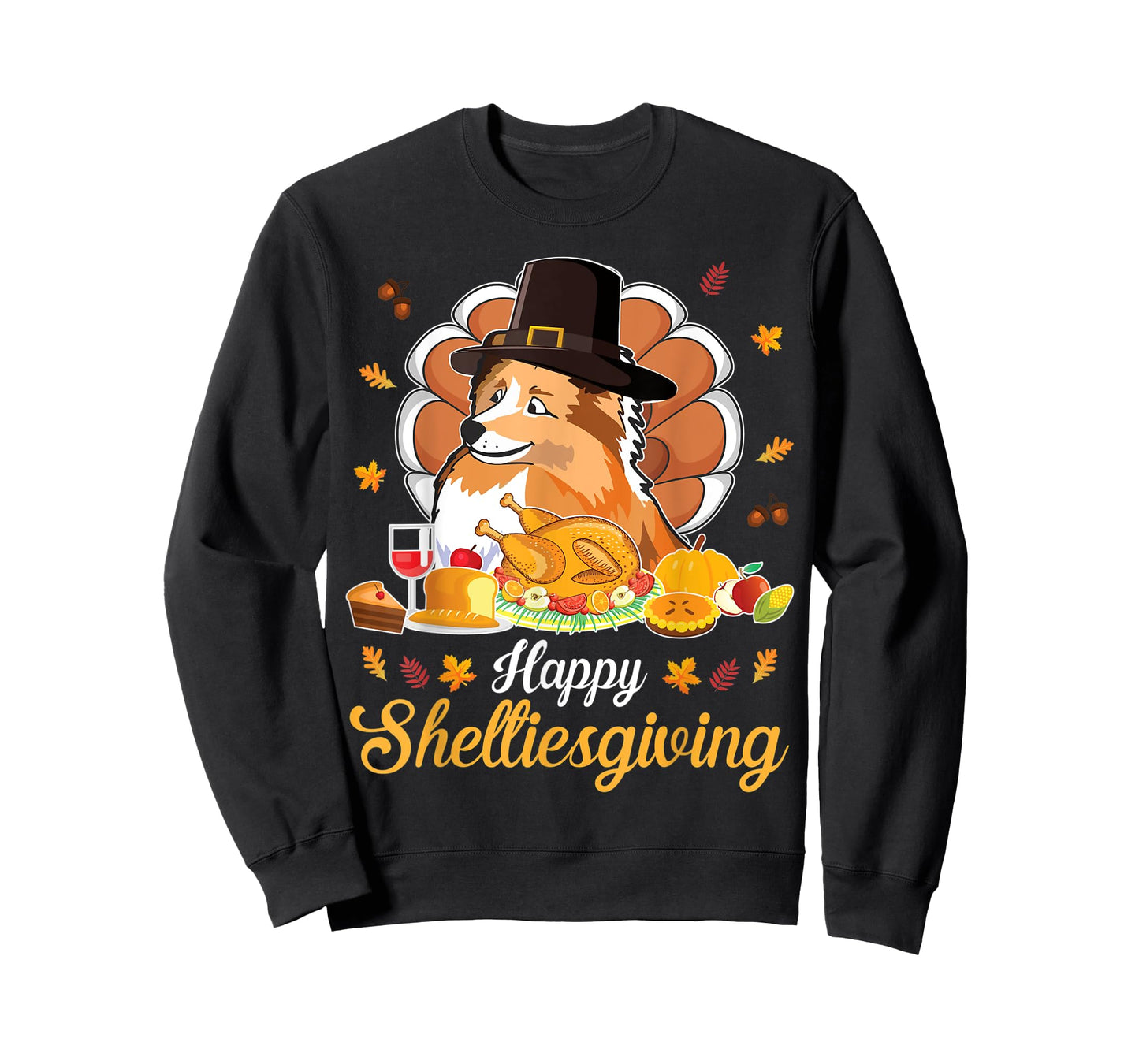 Sheltie Pilgrim & Turkey Dish Wine Happy Thanksgiving Shirt