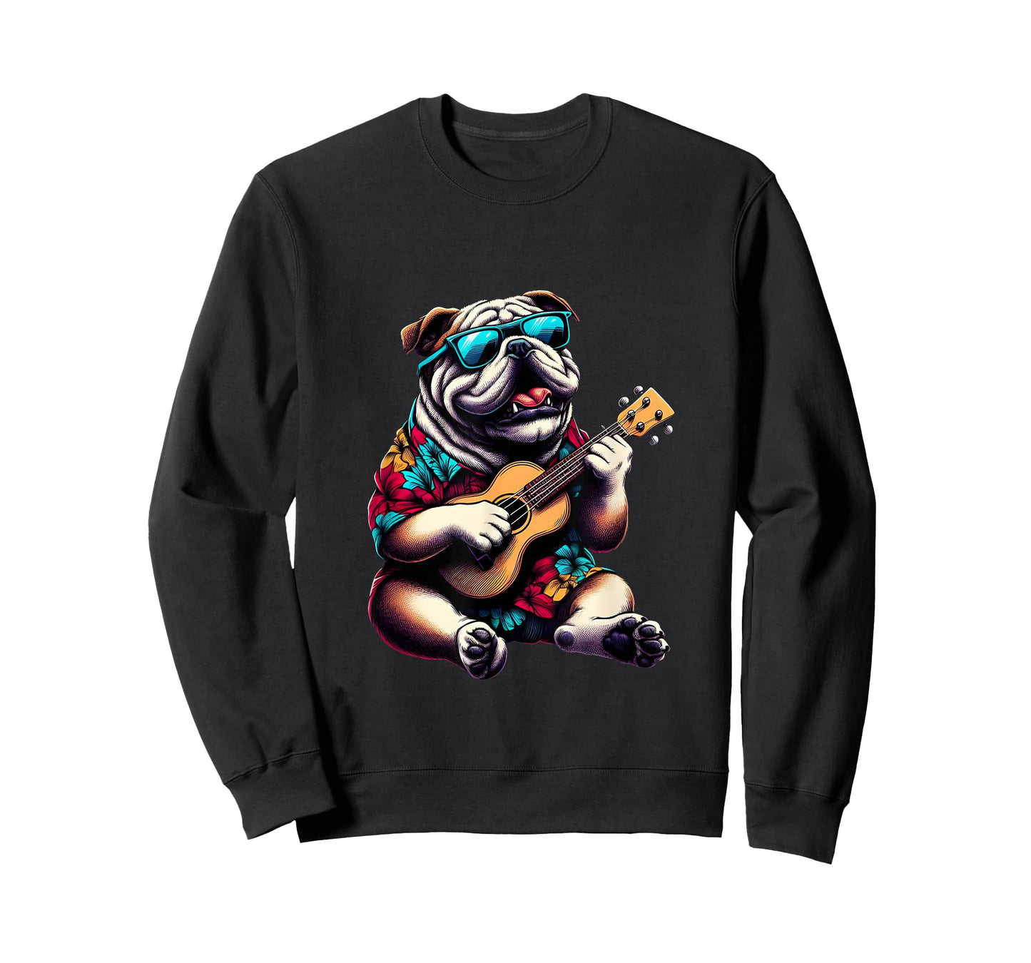 Bulldog Wearing a Hawaiian Shirt, Playing a Ukulele T-Shirt for Men Women Kids