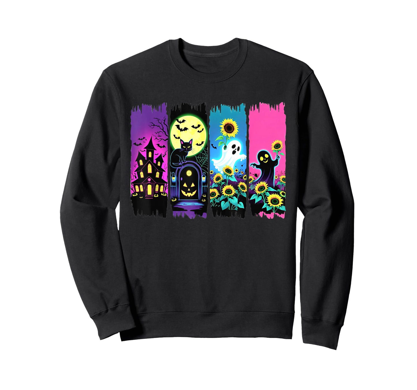 Colorful Halloween Ghosts and Sunflowers Brushstroke Design T-Shirt