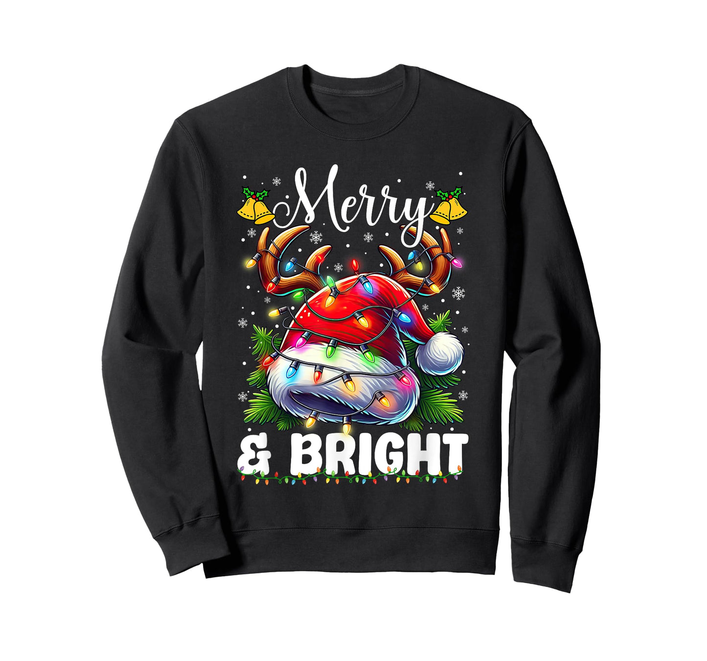 Merry and Bright Light Christmas Red Santa Hat Reindeer Xmas T-Shirt