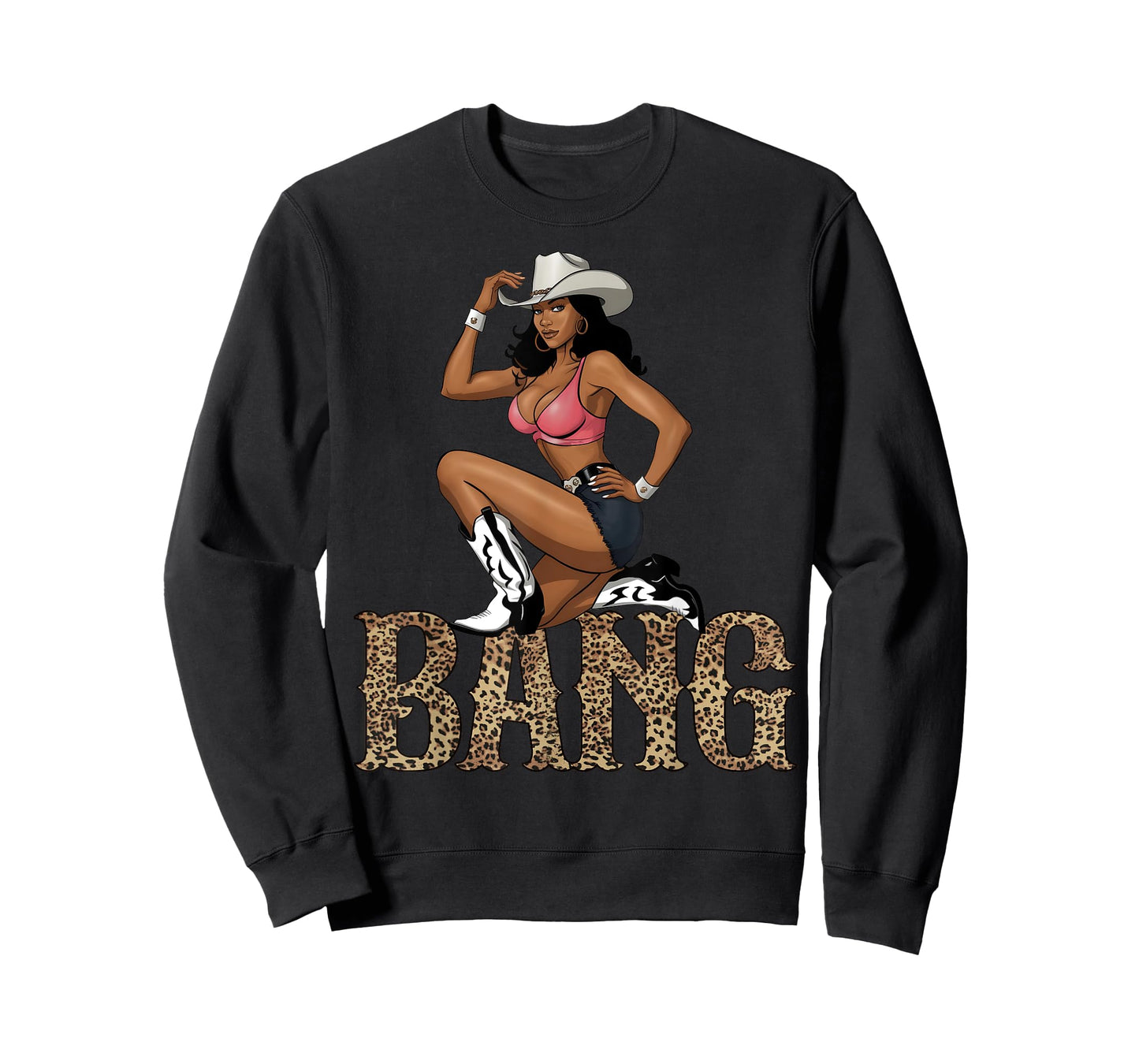 Black Cowgirl Western Cowboy Rodeo Bang Leopard Print T-Shirt