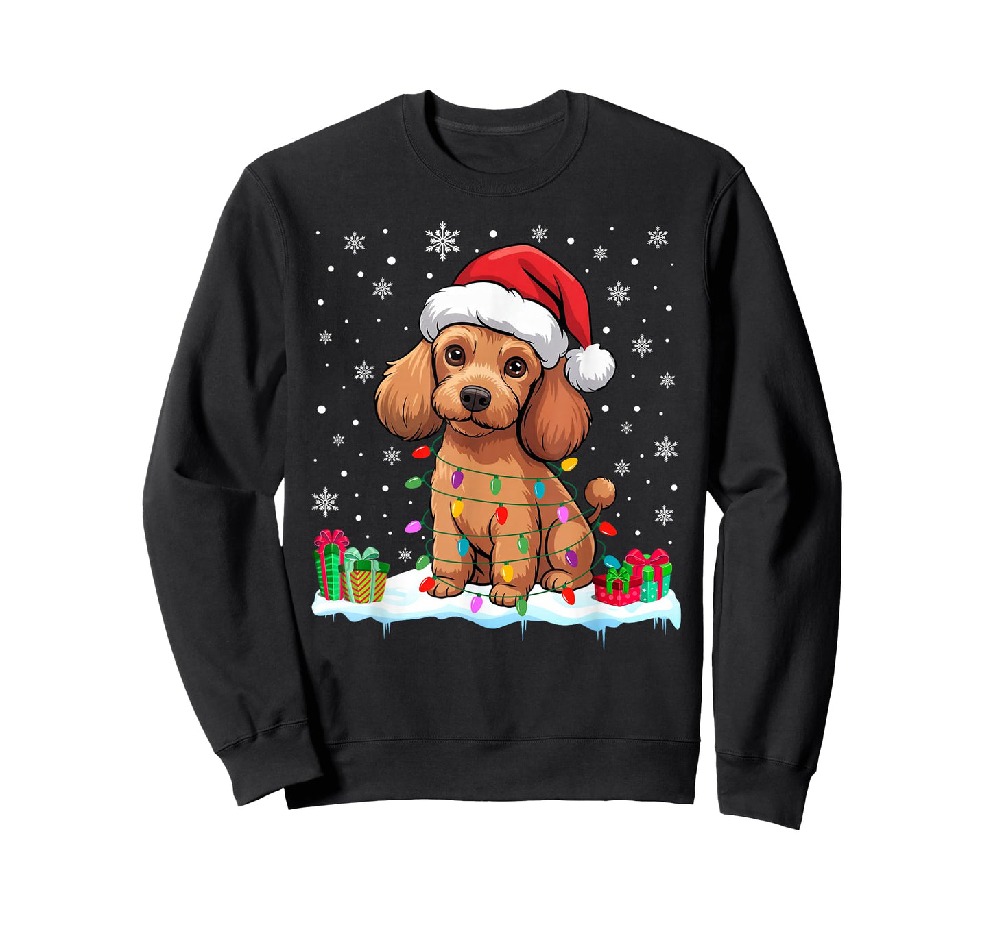 Poodle Dog Christmas Lights Decor Funny Santa Hat Ugly Xmas T-Shirt