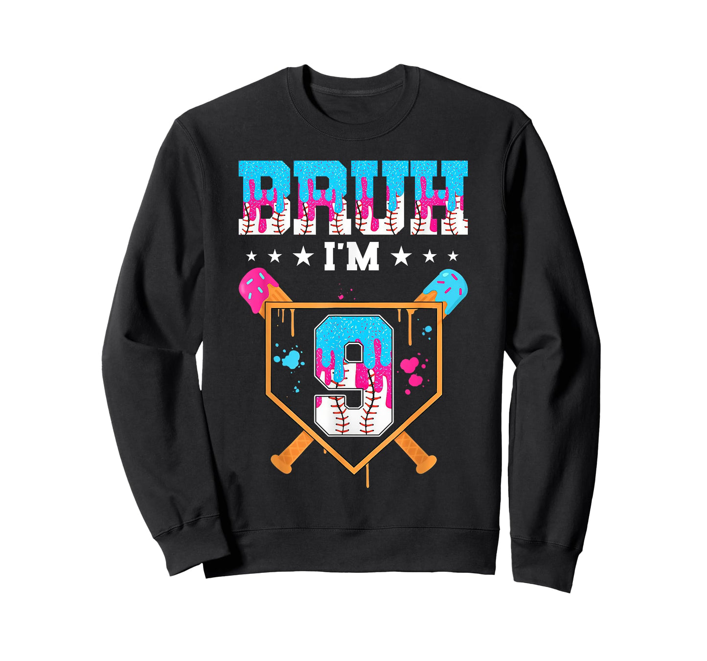 Bruh 9th Birthday Boy Baseball Ice Cream Drip 9 Year Old Boy T-Shirt