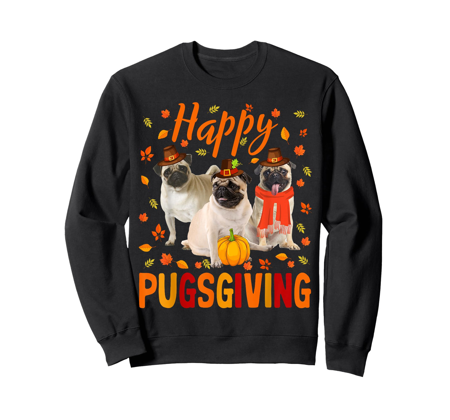 Happy Pugsgiving Cute Thanksgiving Pug Dog Wears Pilgrim Hat T-Shirt
