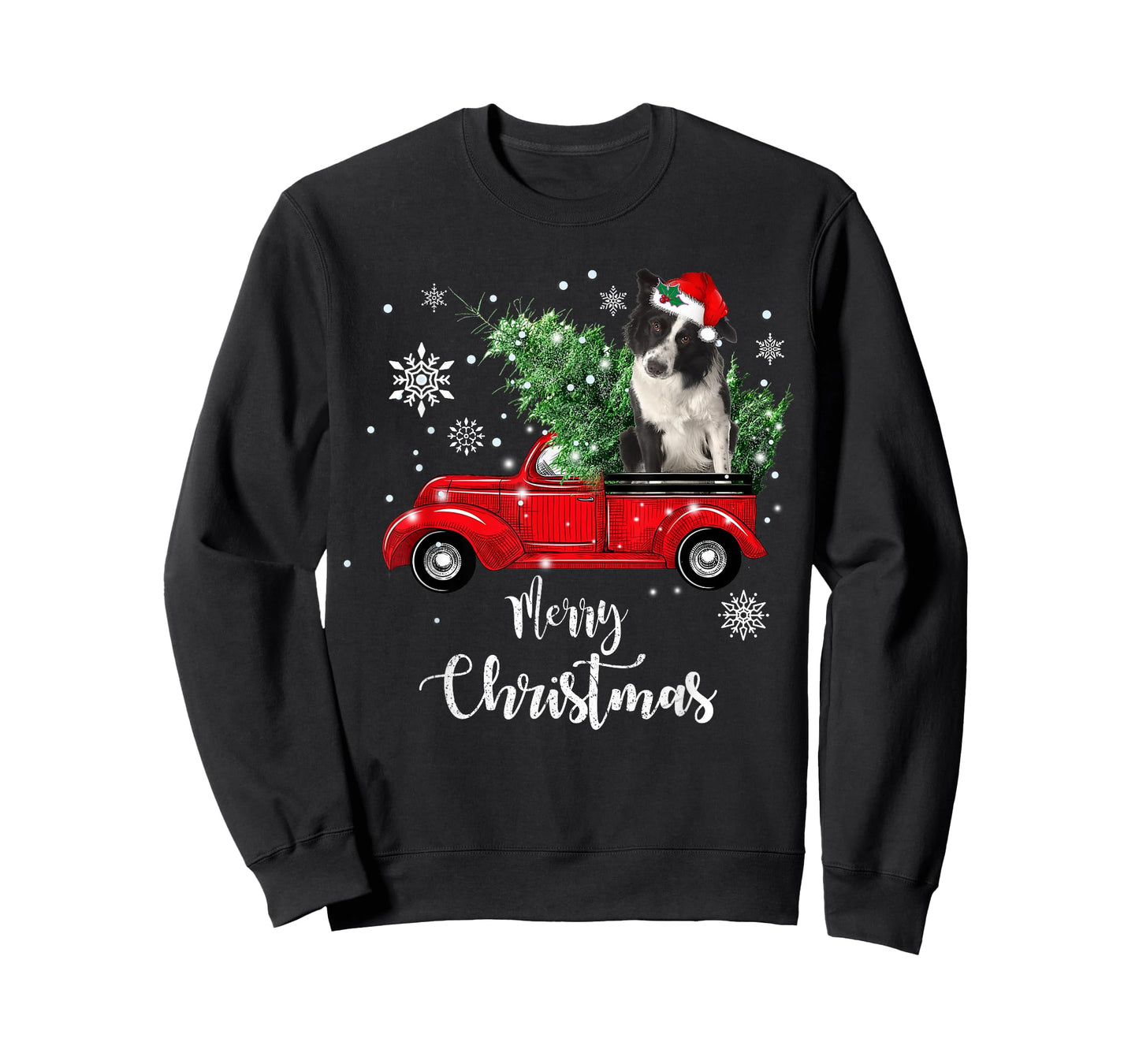 Red Truck Merry Christmas Tree Border Collie Dog Christmas T-Shirt