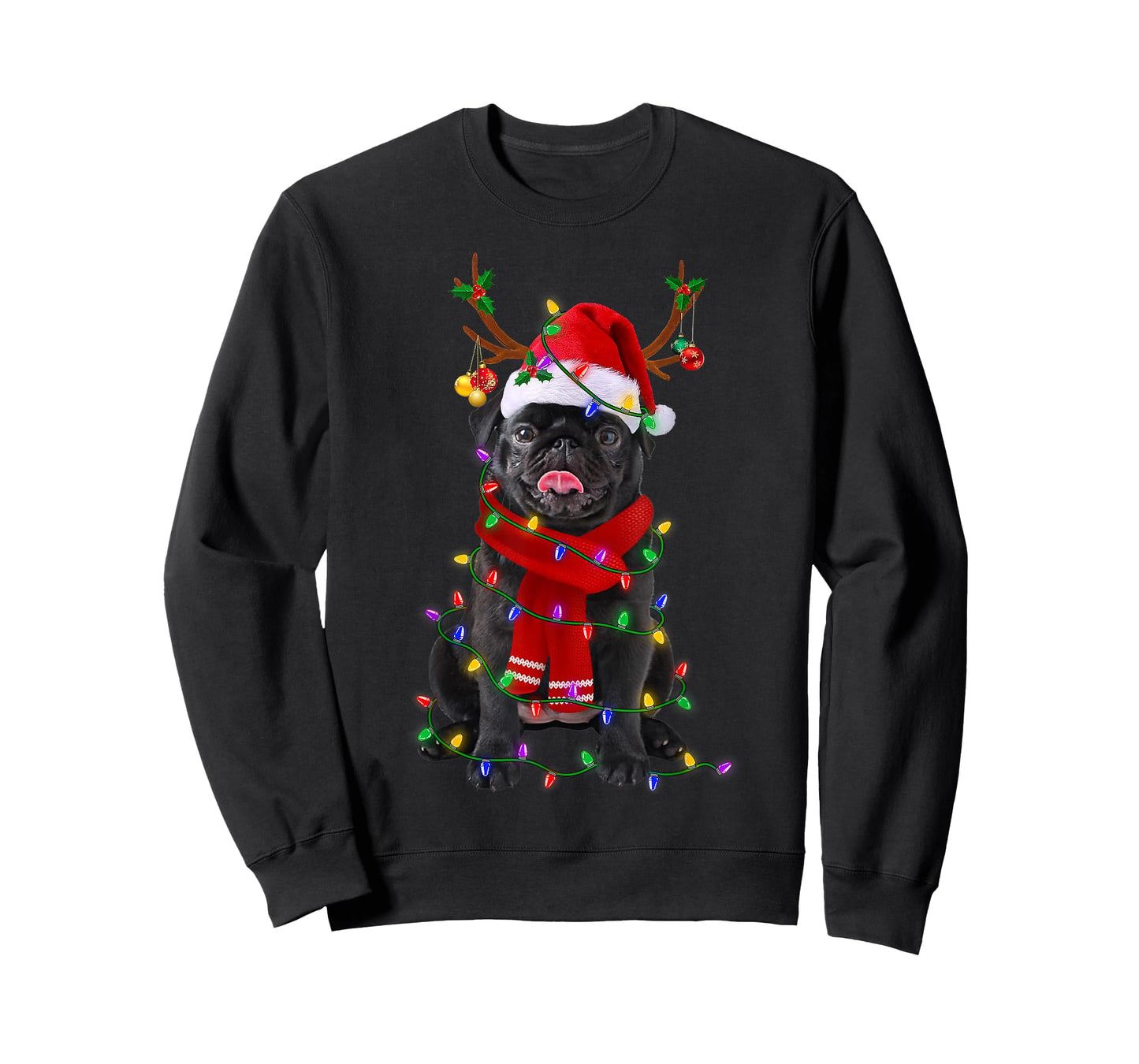 Black Pug Dog Tree Christmas Lights Xmas Pajama Men Women Kids T-Shirt