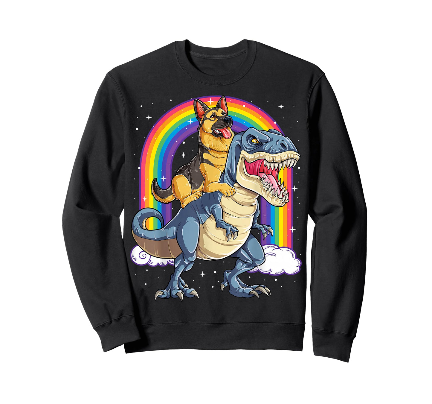 German Shepherd Riding Dinosaur T-rex Gift Boys Kids Rainbow T-Shirt