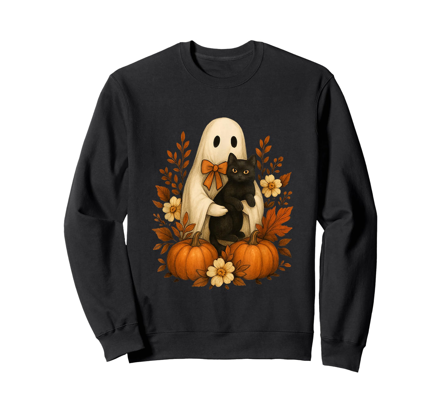 Cute Ghost Holding Black Cat Pumpkins Autumn Halloween T-Shirt
