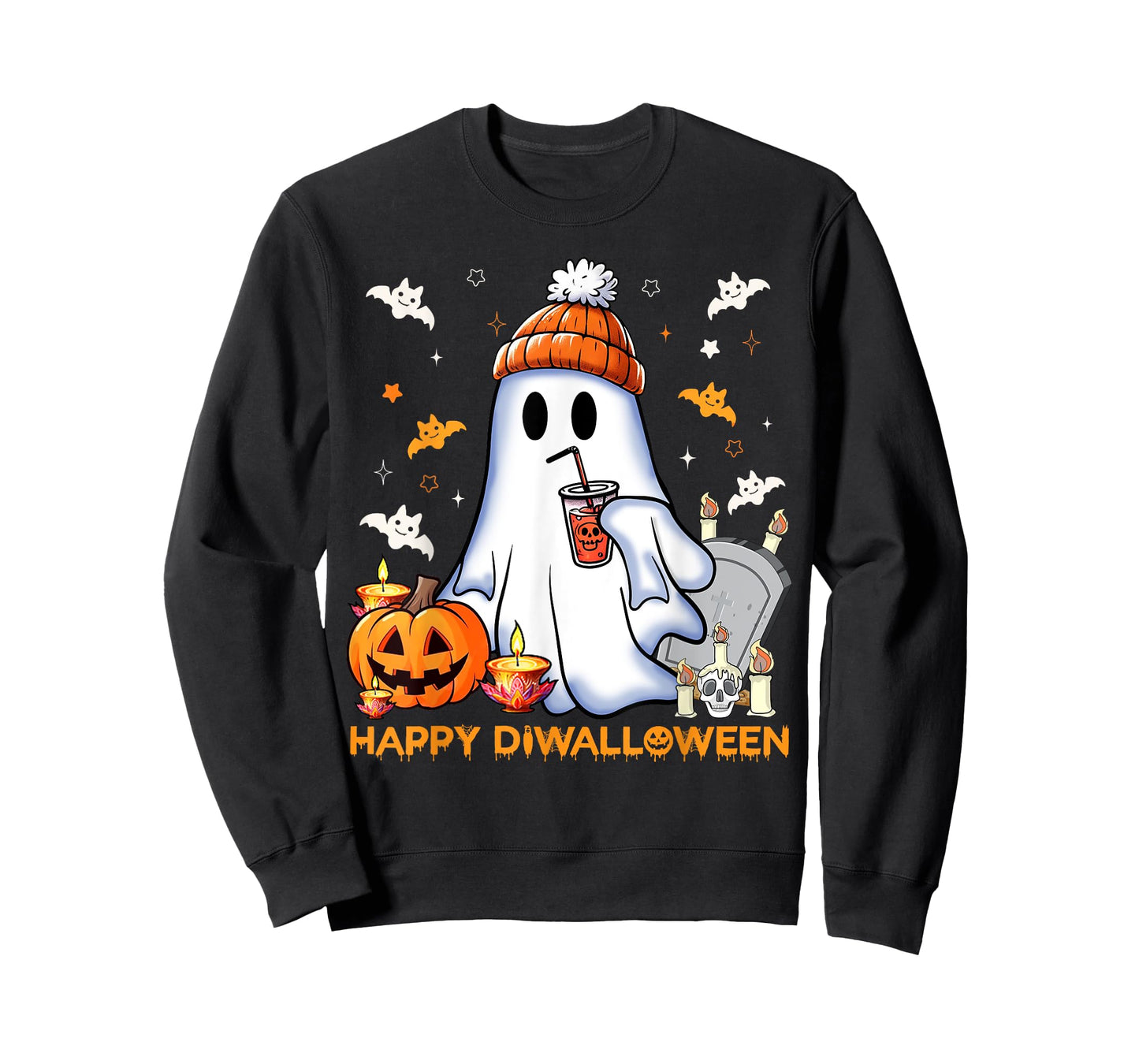 Happy Diwalloween Diwali Halloween Costume Unisex Adult T-Shirt Black Small Short Sleeve Modern Mandarin Collar Cartoon Applique Diwali Halloween Fusion T-Shirt