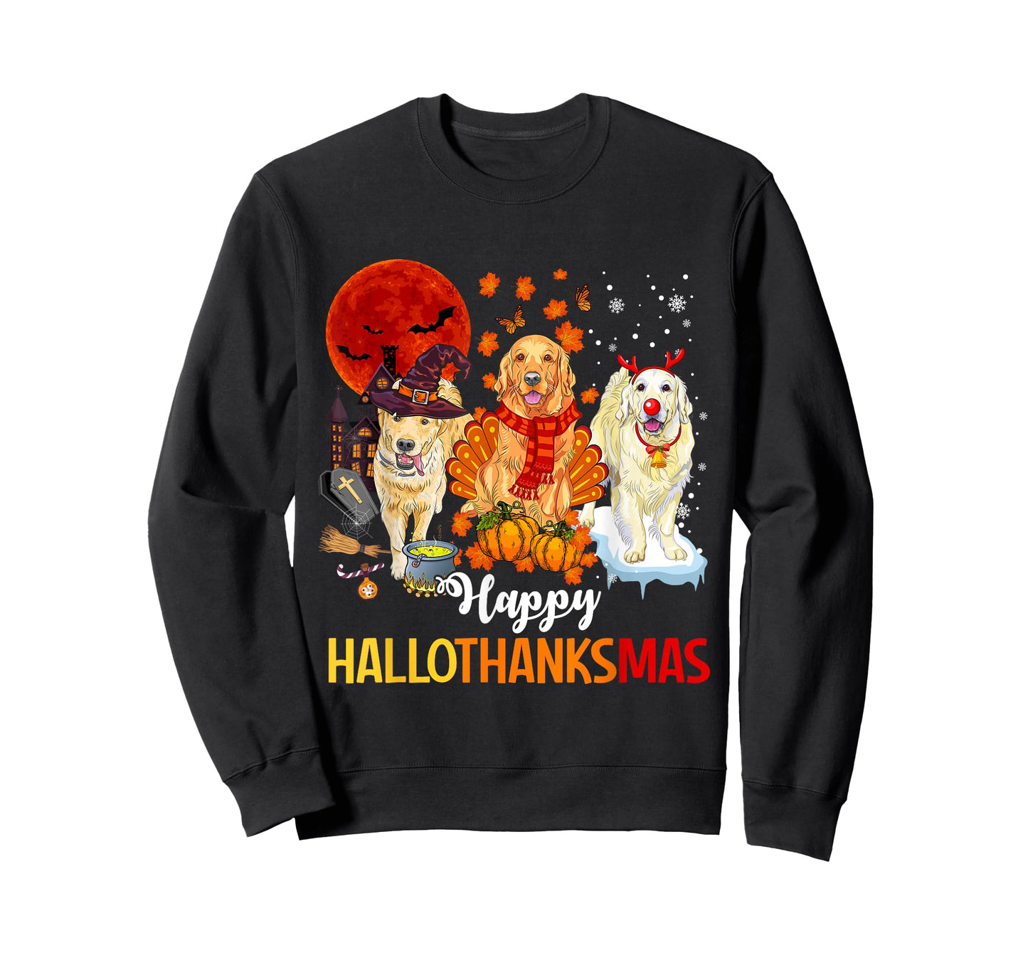 Golden Retriever Happy Hallothanksmas Halloween Thanksgiving T-Shirt