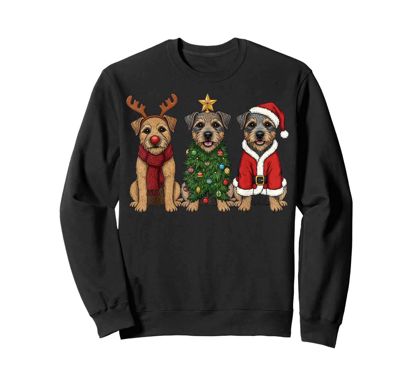 Retro Christmas Border Terrier Santa Reindeer Dog Lover T-Shirt
