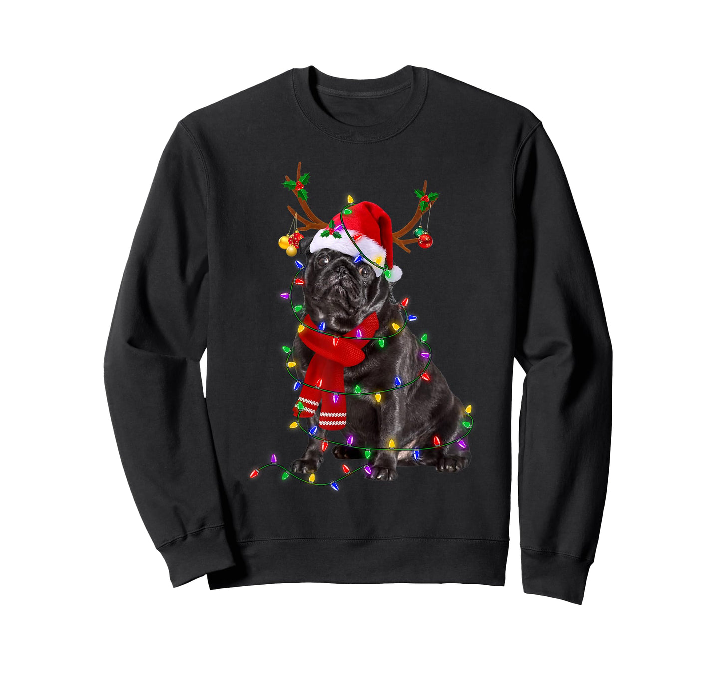 Funny Black Pug Dog Tree Christmas Lights Xmas Pajama Men Women Kids T-Shirt