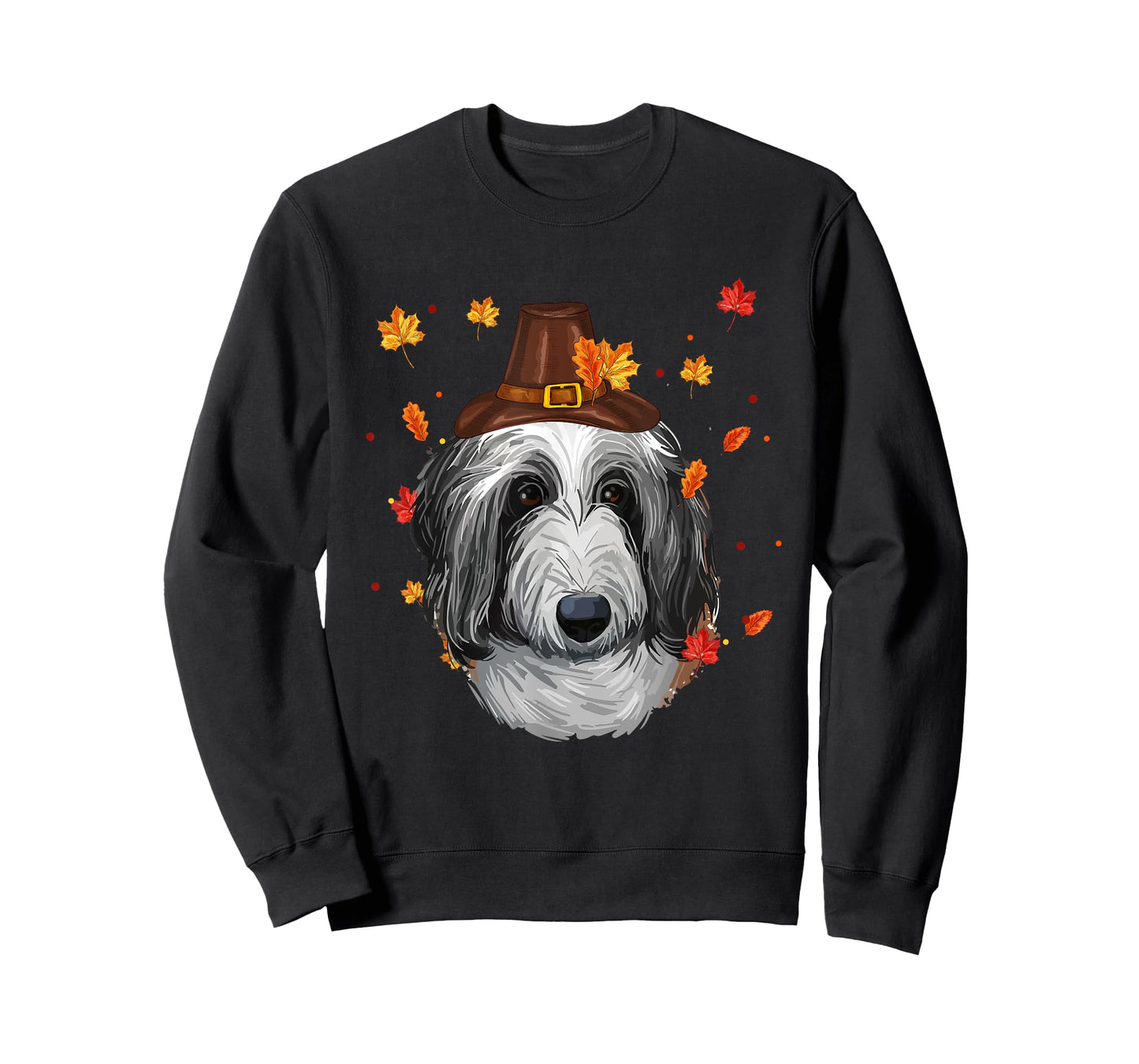 English Sheepdog Dog Pilgrim Hat Fall Happy Thanksgiving Day T-Shirt for Men Women Girls Kids