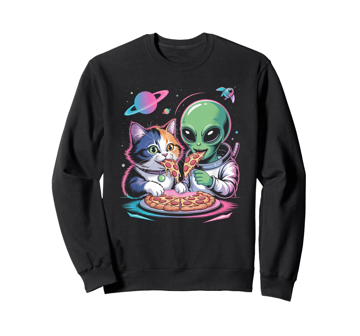 Funny Cat and Alien Sharing Pizza Space UFO for Men Women T-Shirt