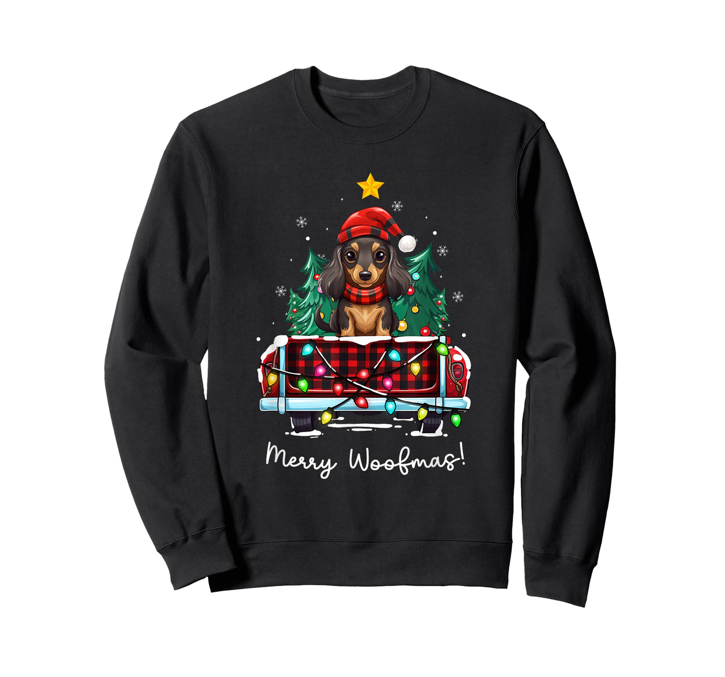 Long Haired Dachshund Christmas Dog Truck Plaid Funny Xmas Men Women Kids T-Shirt
