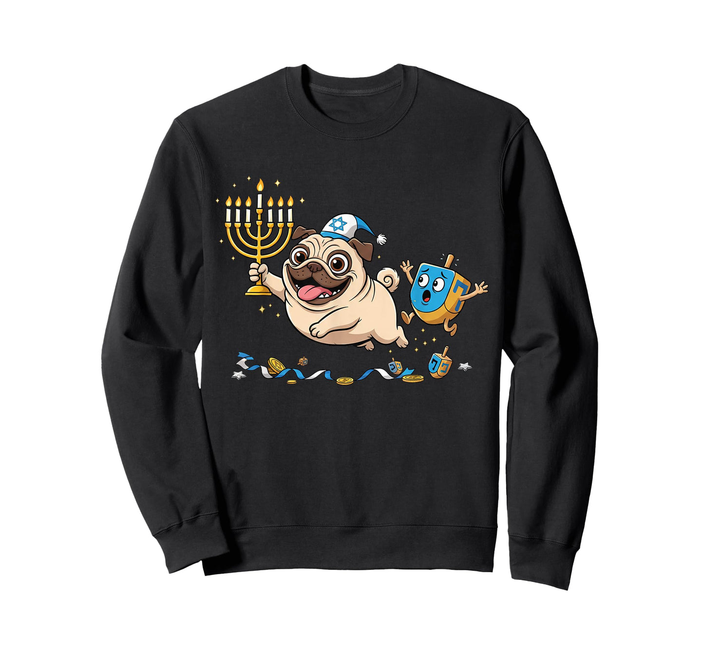 Funny Pug Dreidel Menorah Hanukkah Kids Womens Mens T-Shirt