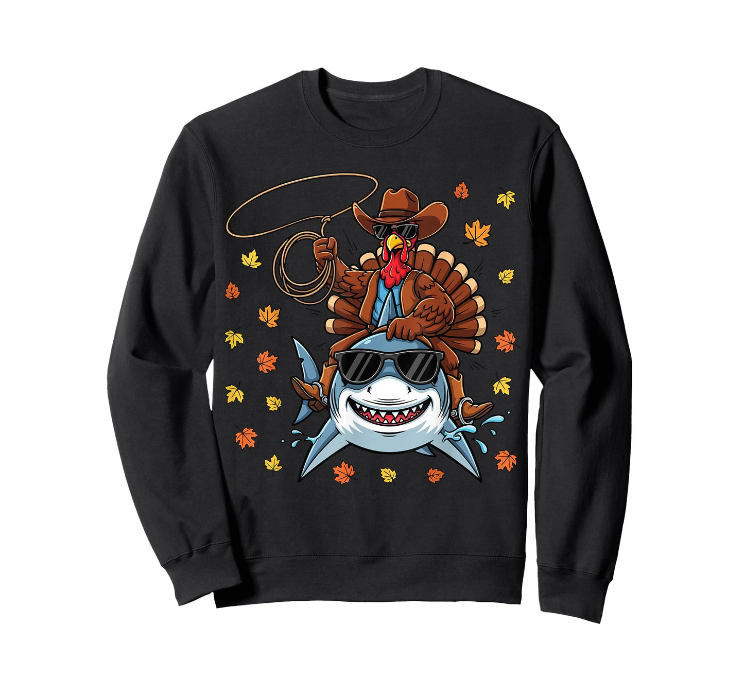 Funny Thanksgiving Cowboy Costume Turkey Riding Shark Kids T-Shirt