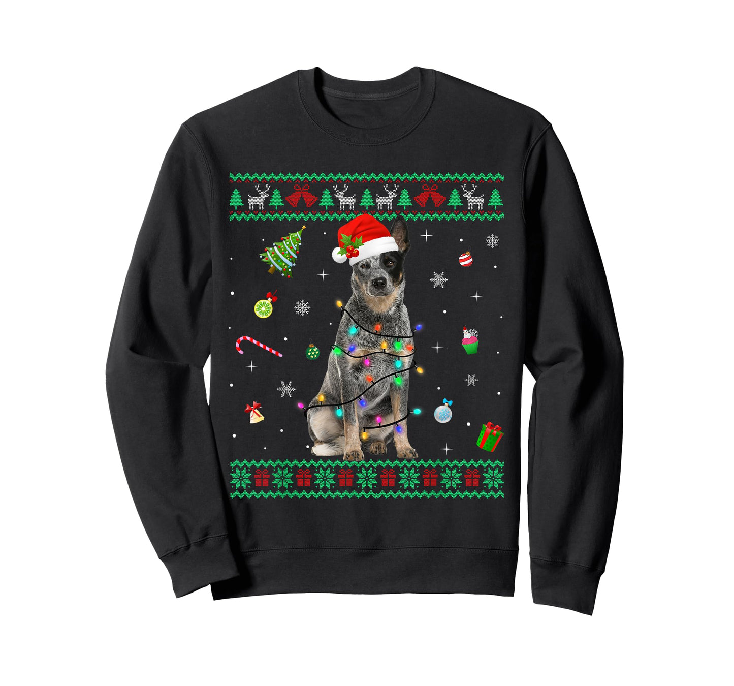 Ugly Sweater Australian Cattle Dog Christmas Light Santa Hat T-Shirt