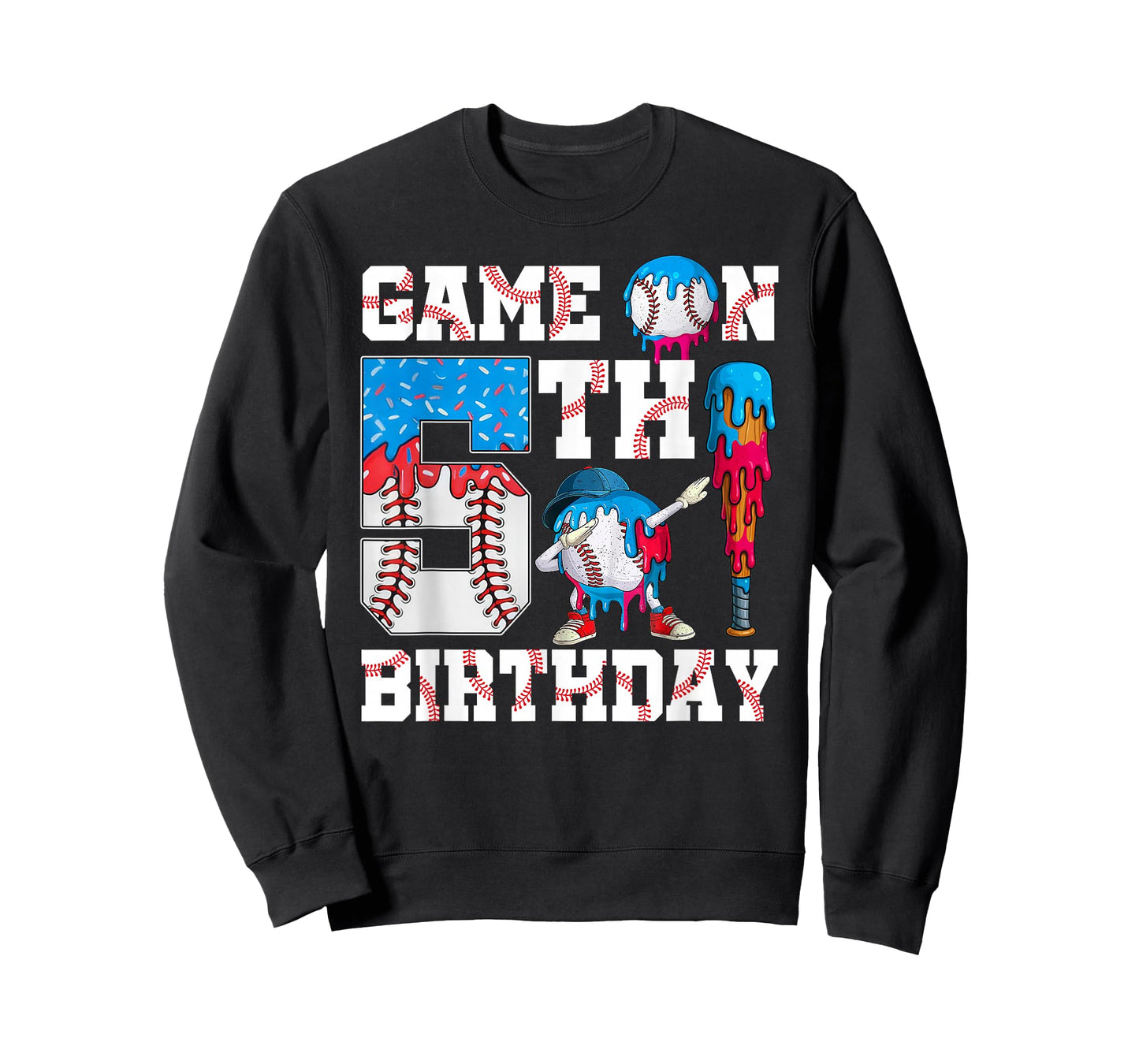 Game On I'm 5th Birthday Baseball Drip Ice Cream 5 Year Old T-Shirt
