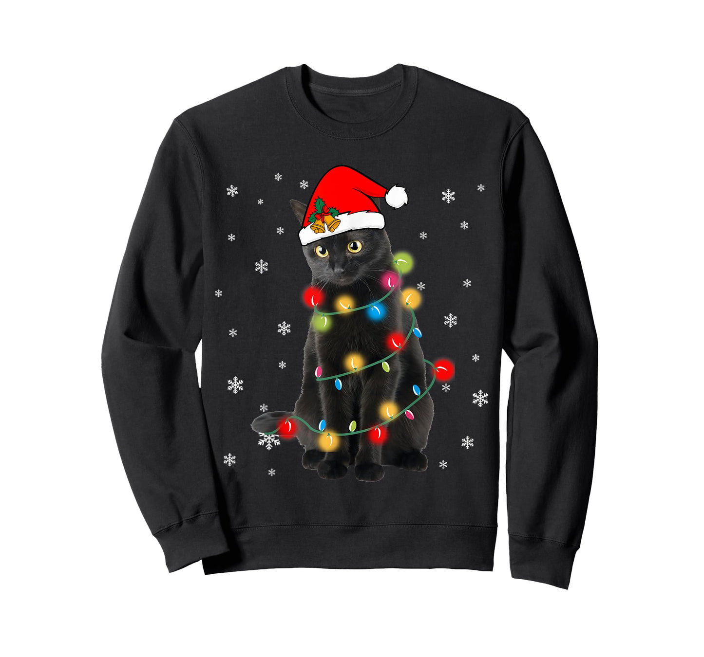 Black Cat Christmas Light Shirt for Cat Lover Funny Xmas Men Women Kids T-Shirt