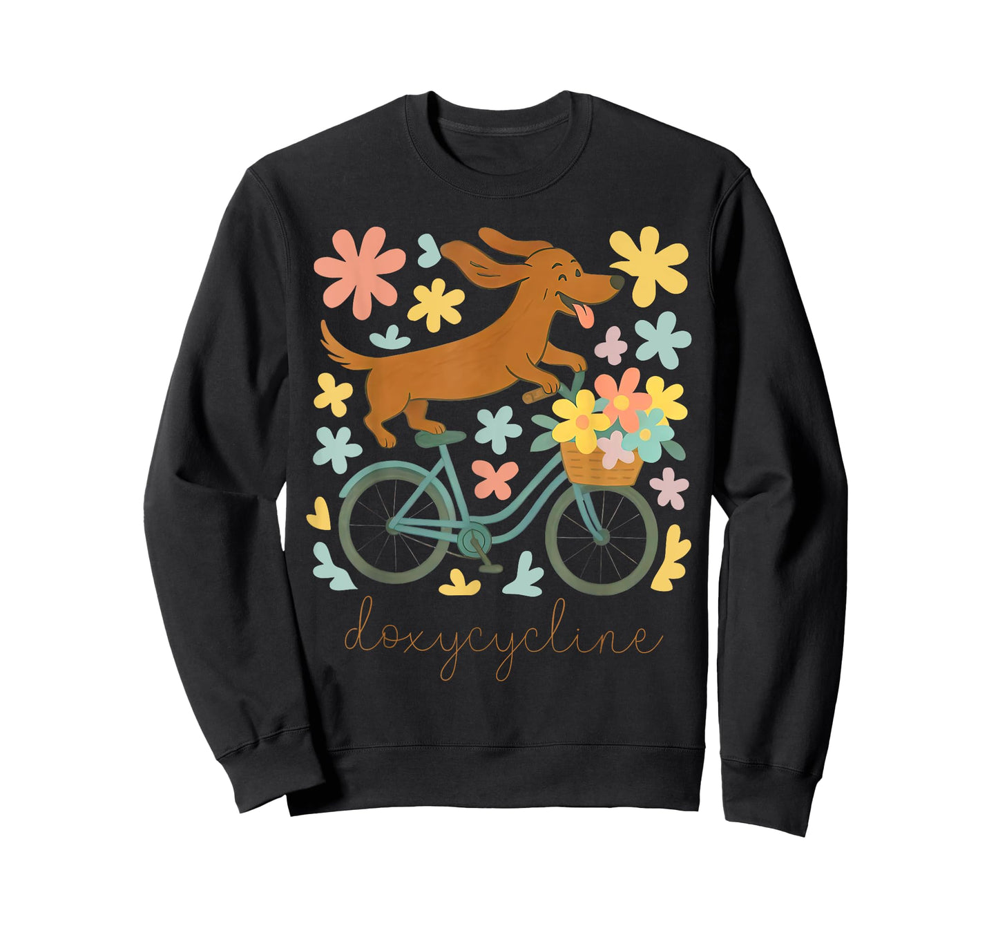 Doxycycline Pharmacy Pun Funny Dachshund on Bicycle Flower T-Shirt