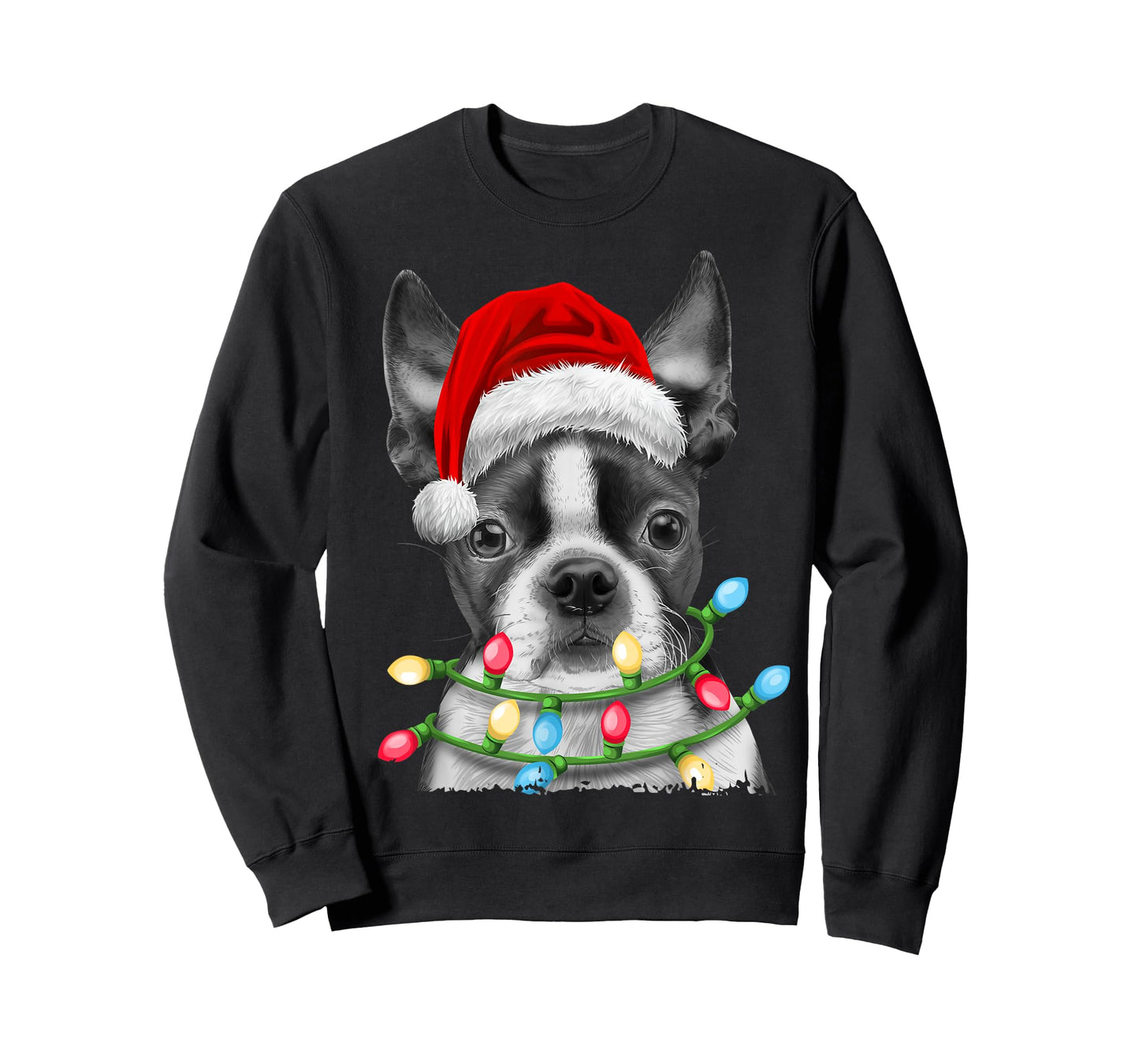 Boston Terrier Santa Christmas Tree Lights Xmas Boys Men Dog T-Shirt
