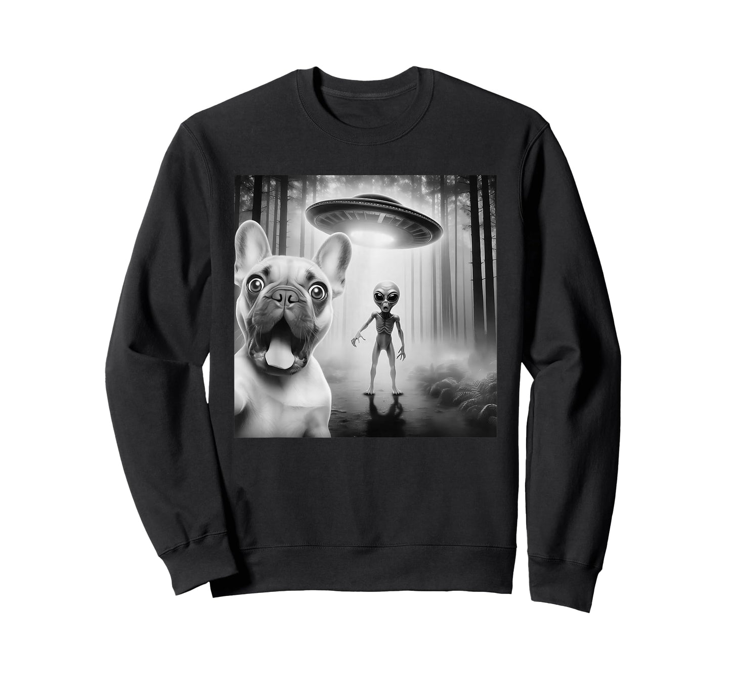 Funny French Bulldog Surprised Selfie with Alien UFO T-Shirt