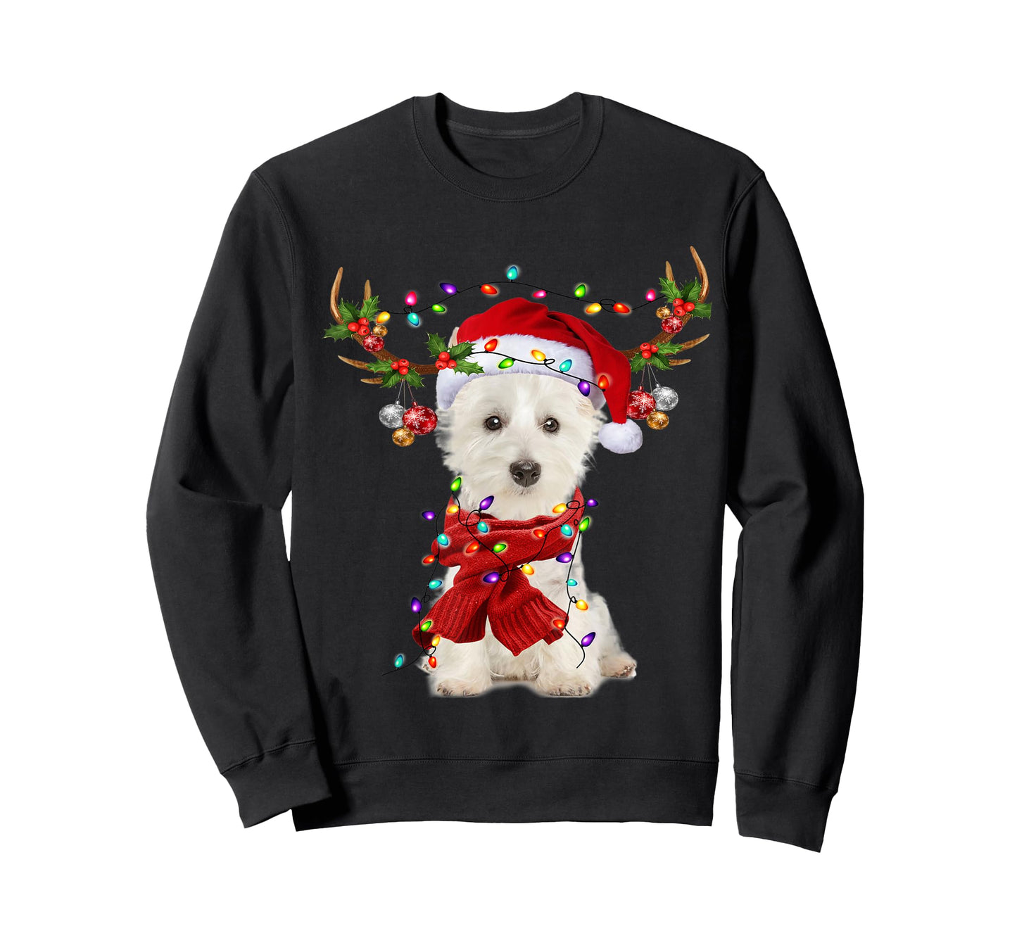 Santa Westie Dog Reindeer Christmas Lights Men Women Kids T-Shirt