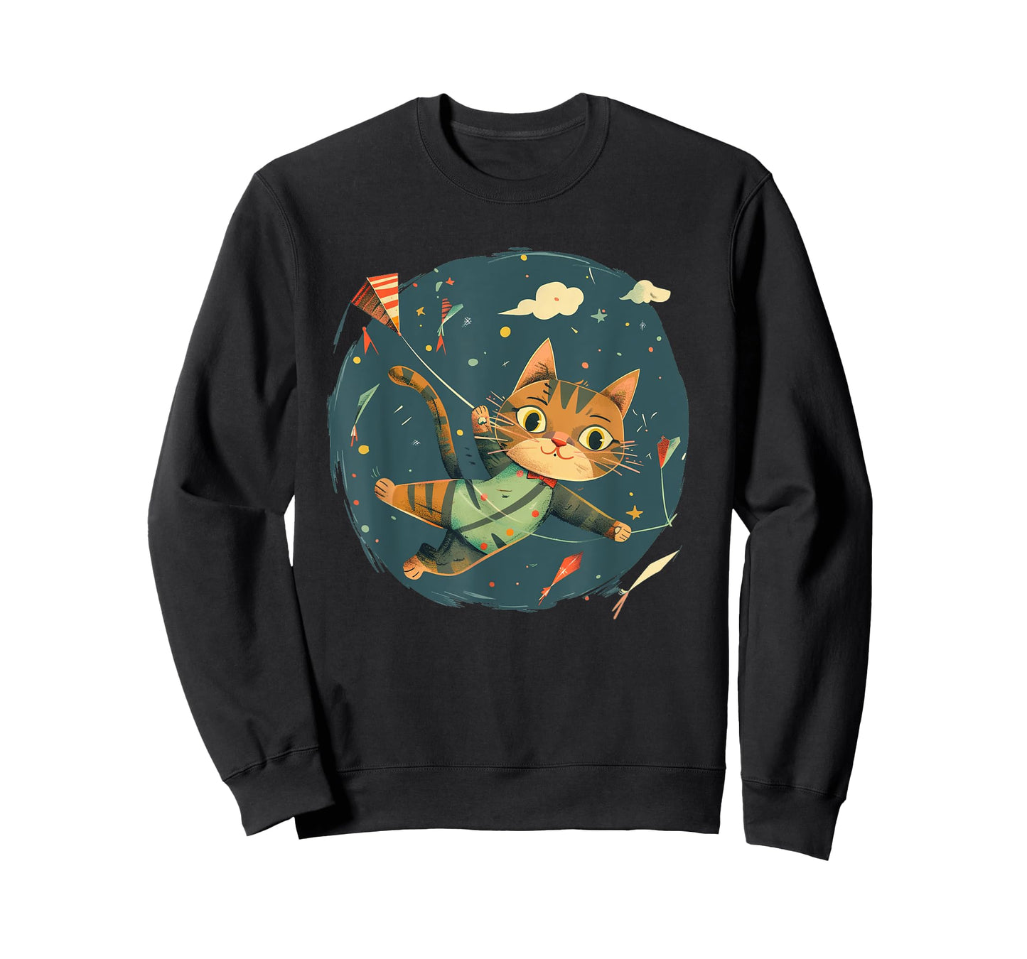 Cheerful Cat Flies Kites Emblem for a Playful Windy Touch T-Shirt