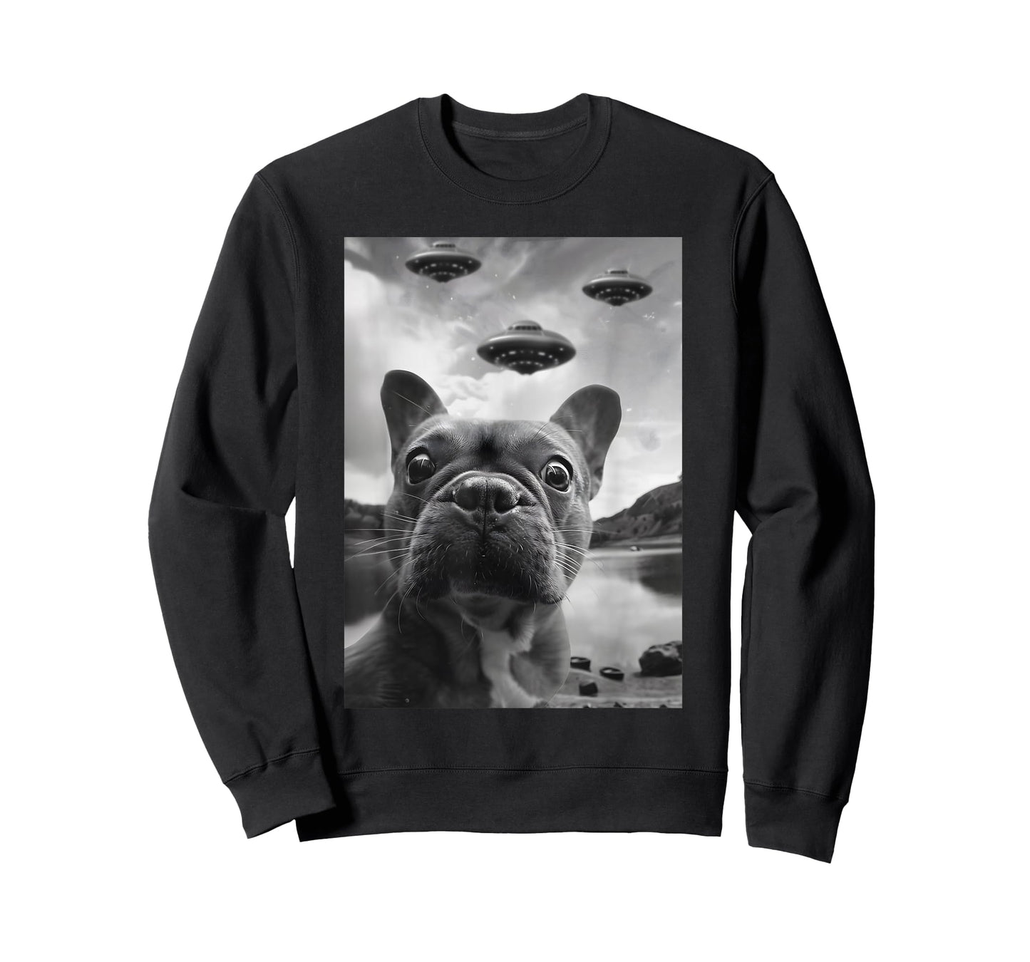 Funny French Bulldog Selfie with UFOs Weird Puppy Dog T-Shirt