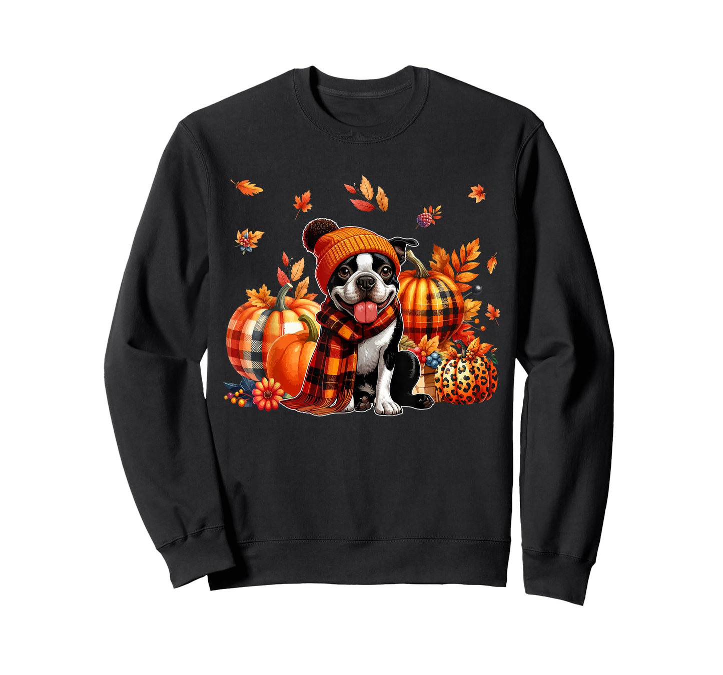 Boston Terrier Thanksgiving Leopard Pumpkins Fall Leaves T-Shirt