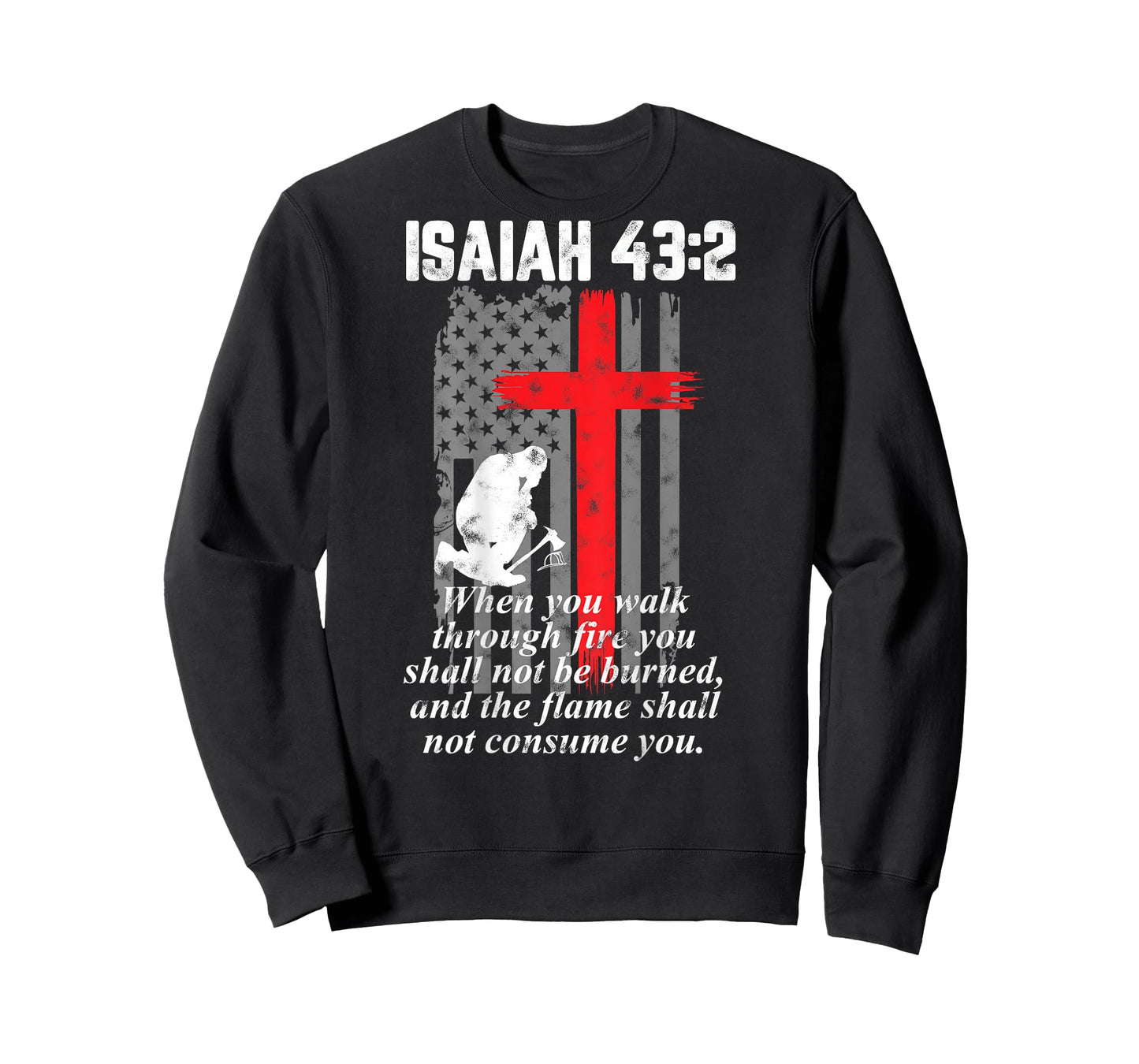 Thin Red Line Firefighter Cross Bible Verse American Flag T-Shirt Small