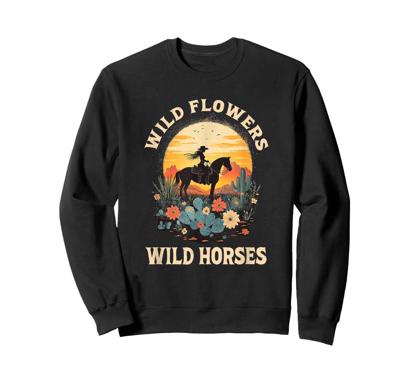 western sunset cowgirl riding horse wild flowers wild horses T-Shirt