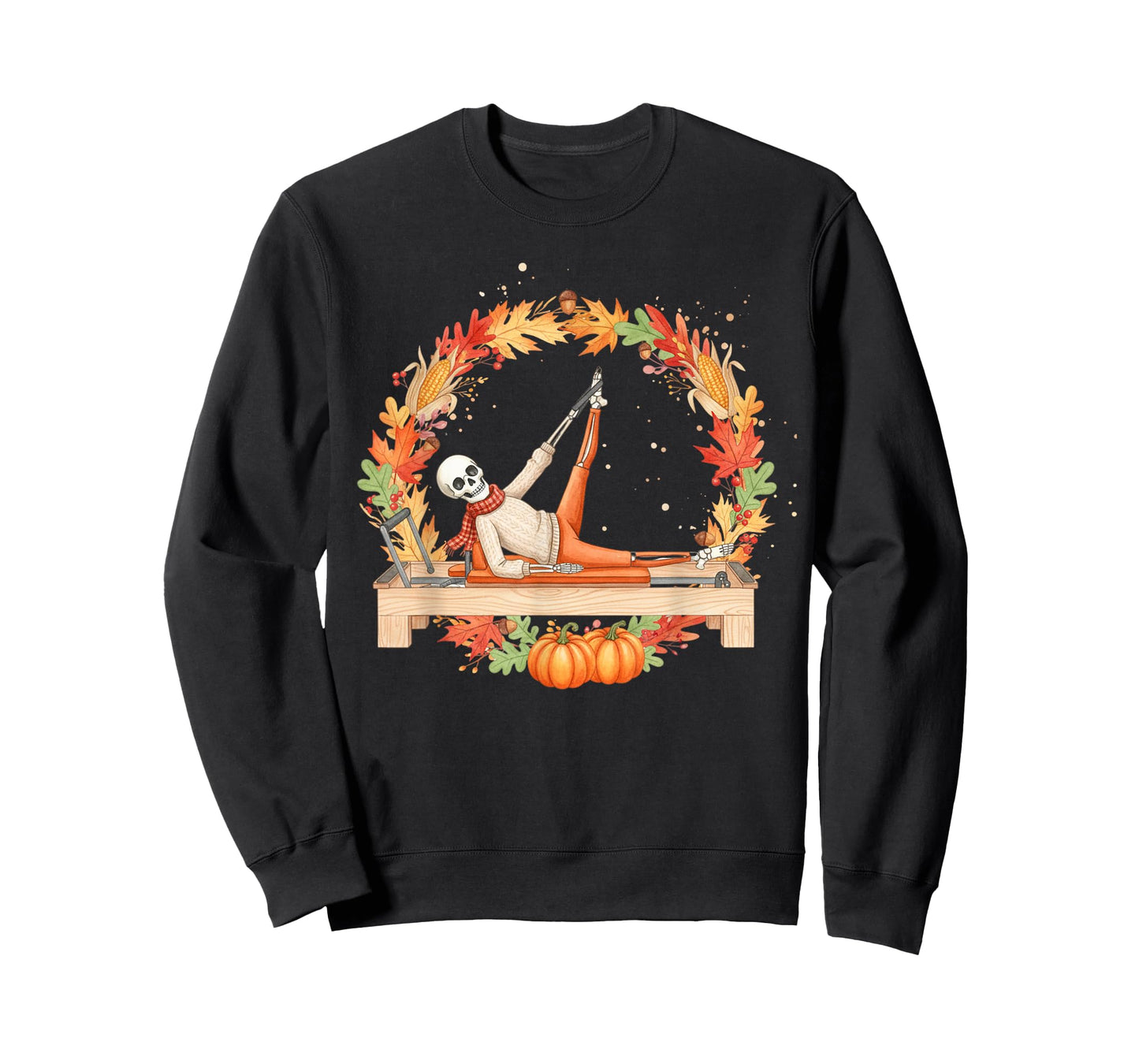 Skeleton Reformer Pilates Autumn Fall Leaves Wreath Pumpkins T-Shirt